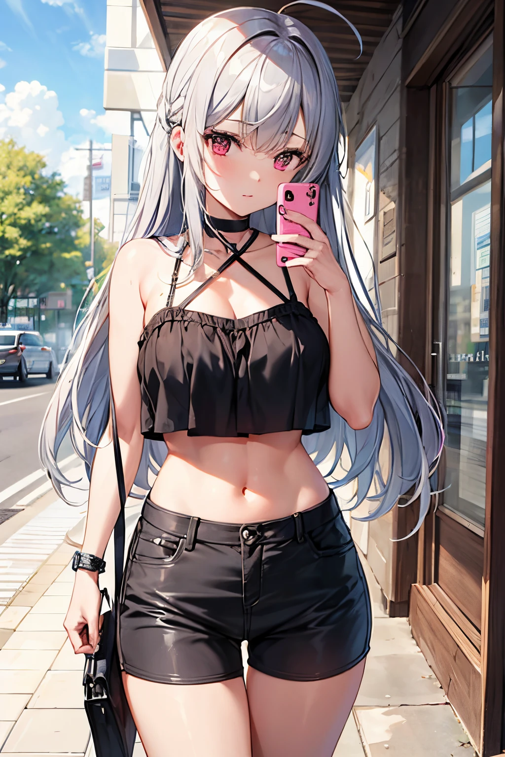 Beautiful gray hair、Beautiful red eyes、Longhaire、Tube Top、shortpants、a choker、Selfie wind、selfee、piece、piece sign