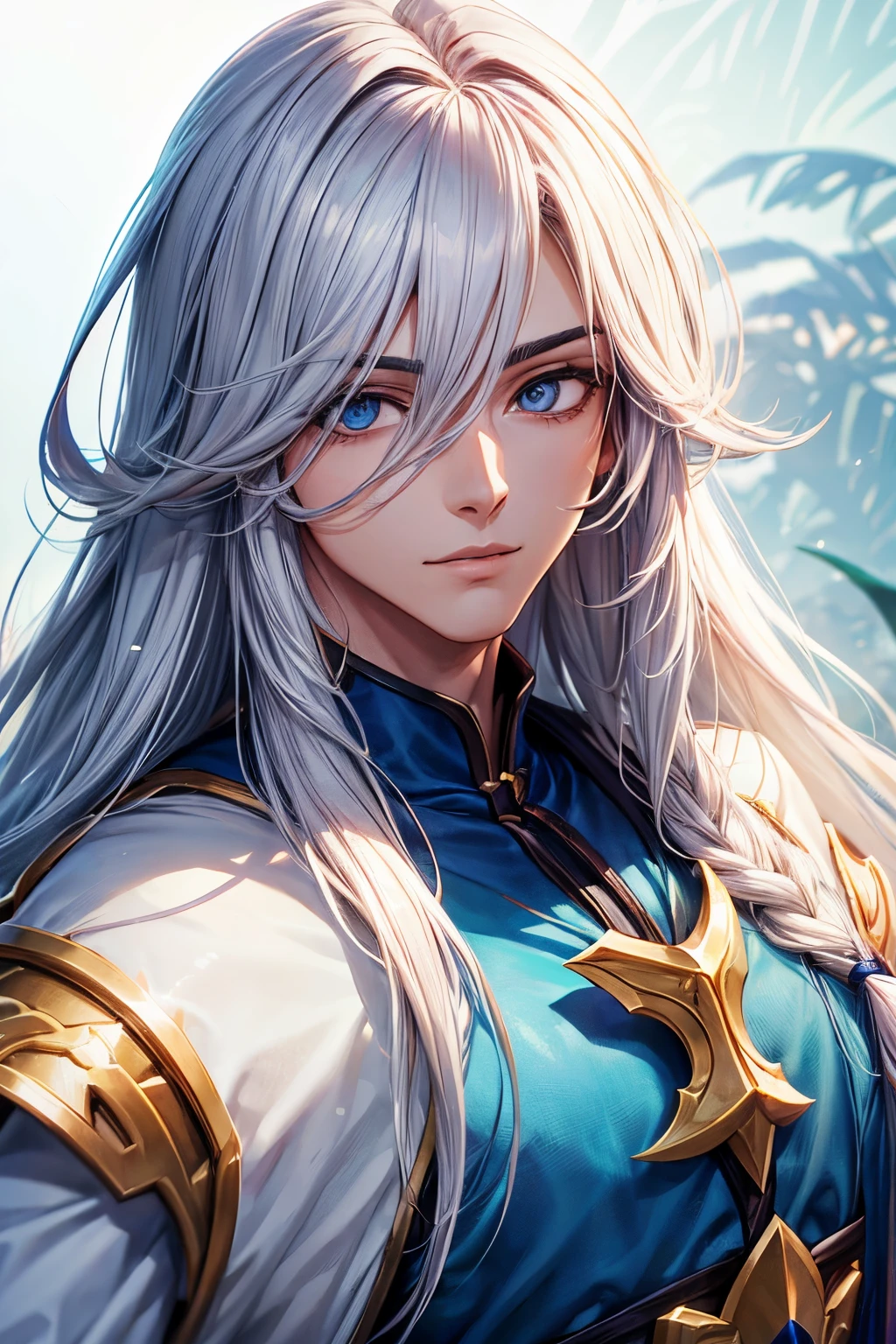 homen,cabelo branco,longo muito longo rapunzel,,olhos azuis,chifes, erzeal league of legends.