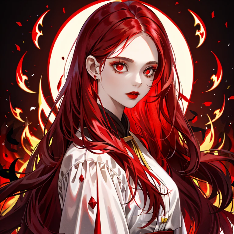 ((Red eyes that reflect hellfire))、Woman with long straight hair and red lips, ekaterina, 30 year old female,Red-haired、in woods
