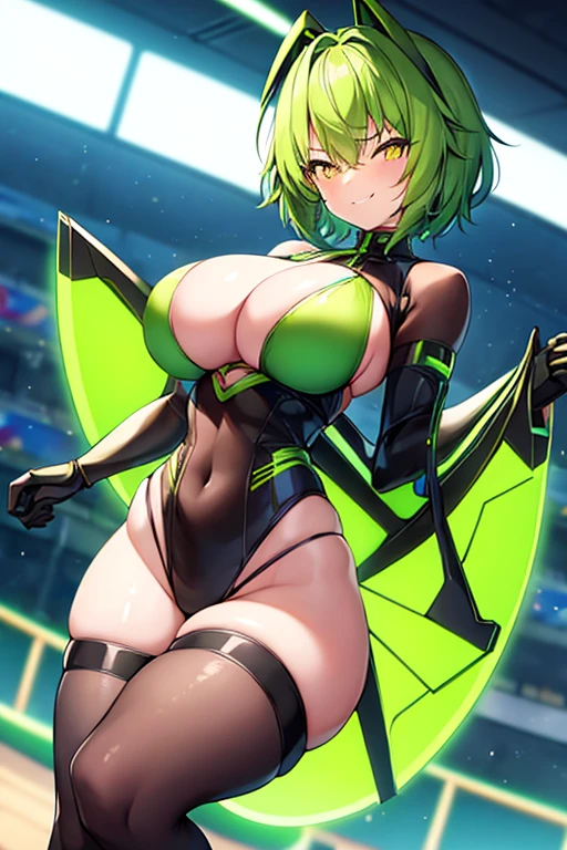 1girl, large breasts, wide hips, thick thighs, green hair, very short hair, short hair, yellow eyes, bikini, black bikini, neon trim, smile, smirk, smug, futuristic, science-fiction, tech, shoes, sneakers, green trim, black clothes, race queen, bodysuit