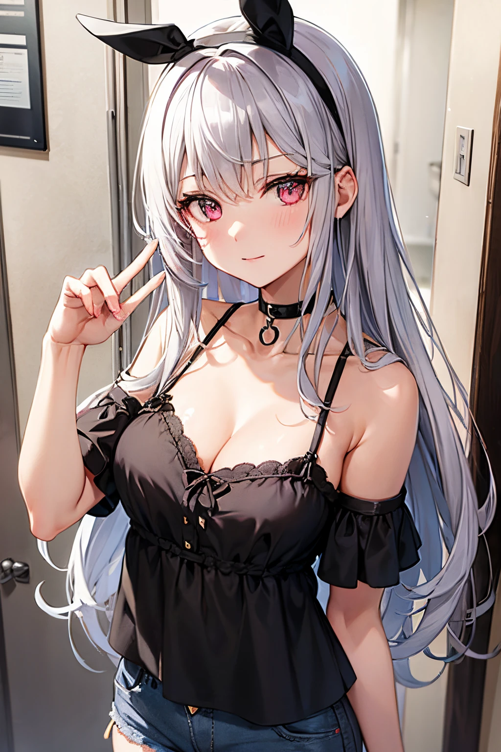 Beautiful gray hair、Beautiful red eyes、Longhaire、Tube Top、shortpants、a choker、Selfie wind、selfee、piece、piece sign