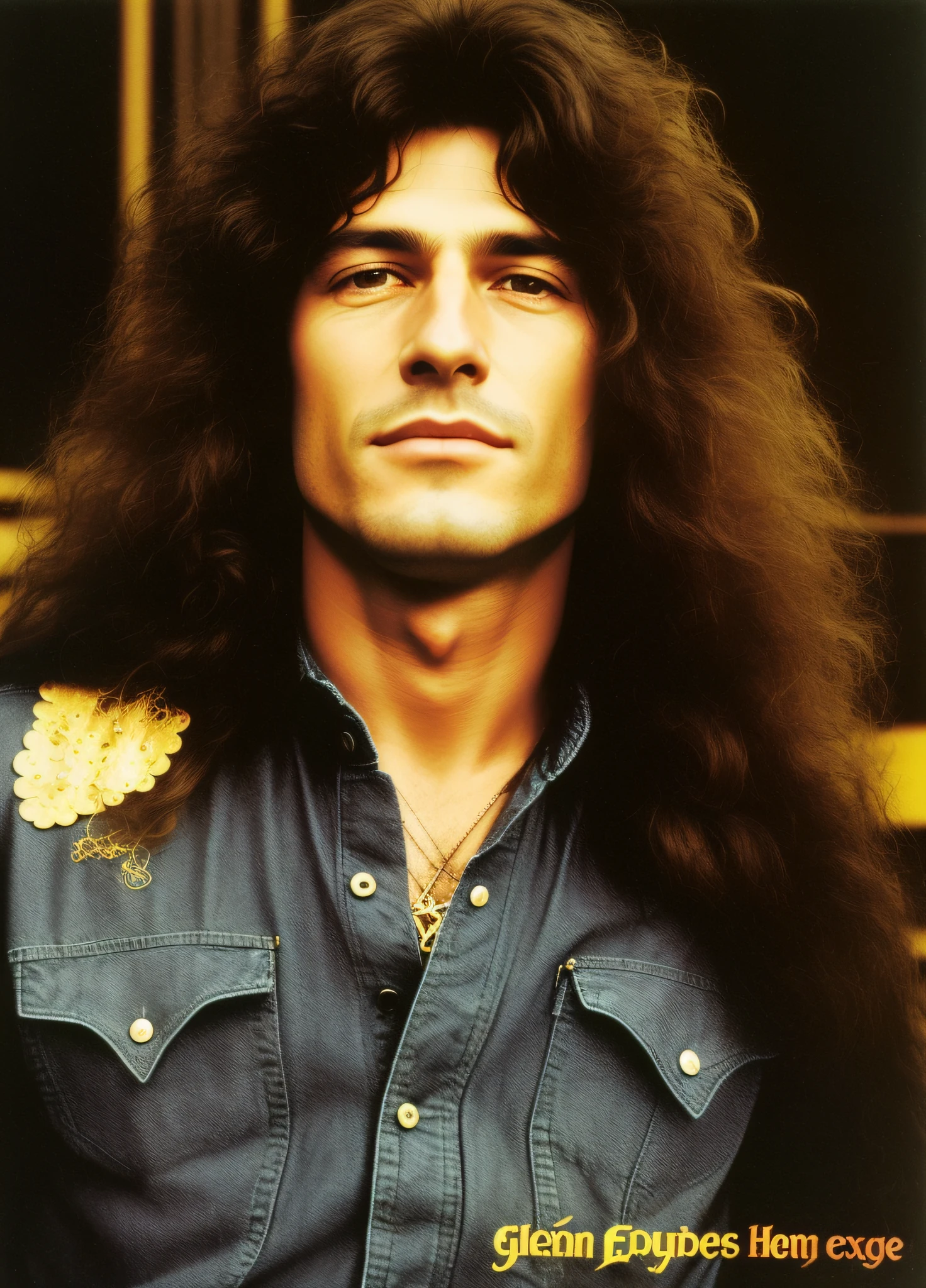 a close up of a man with long hair wearing a denim shirt, eddie, eugene gottsnake, jimmy page, glenn brown, golden earring, 1970 photo from live magazine, young robert plant, mark schultz, jim kay, jony ives, slightly smiling, rodger dean, inspired by Malcolm Morley, john berry, mark lee, mullet