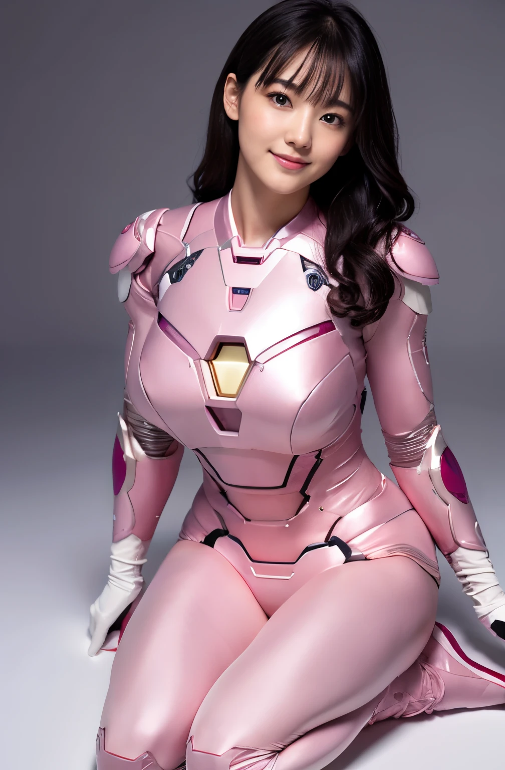 （ultra best quality、in 8K、masuter piece、delicate illustration、full body Esbian）,Wearing a pink and white Iron Man suit、A beautiful and bewitching Japanese 25-year-old woman、Plump body、Curly black hair、A slight smil、Dynamic poses