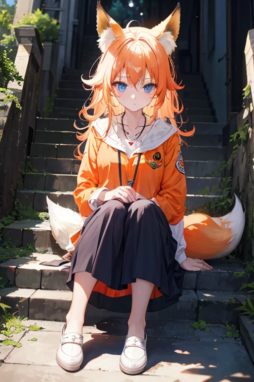1 girl, fox ears, orange poses, blue eyes, necklace, face closed up, wet hair, humid, hot pornographic, intimate, beautiful, traced light, High details, digital art, Night, Loving, Blushing, insecure, cute, , Shadows, Contrast, Beautiful eyes, gentle, delicate, scalp, vivid eyes, messy hair, full body, wearing official uniform, standing in front of a staircase