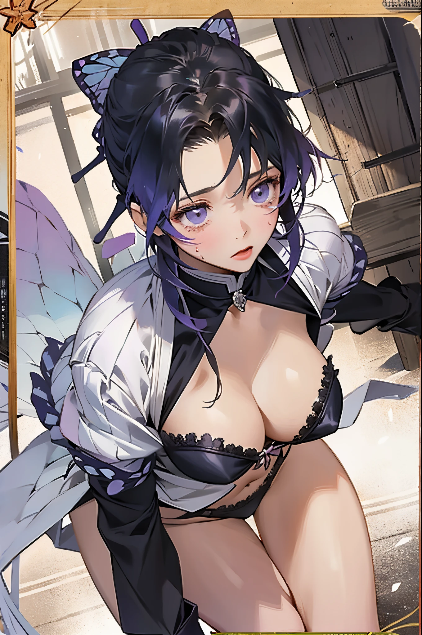 actual, tmasterpiece, quality, (詳細な目), A female high school student, ,  full bodyesbian, humongous large breast,  lingerie, feels, perspiring,   pelvis curtain, (Wide hips), His face was full of tears, underground room, waxy candles, crucifixion, , suspended in mid-air，Butterfly Shinobu