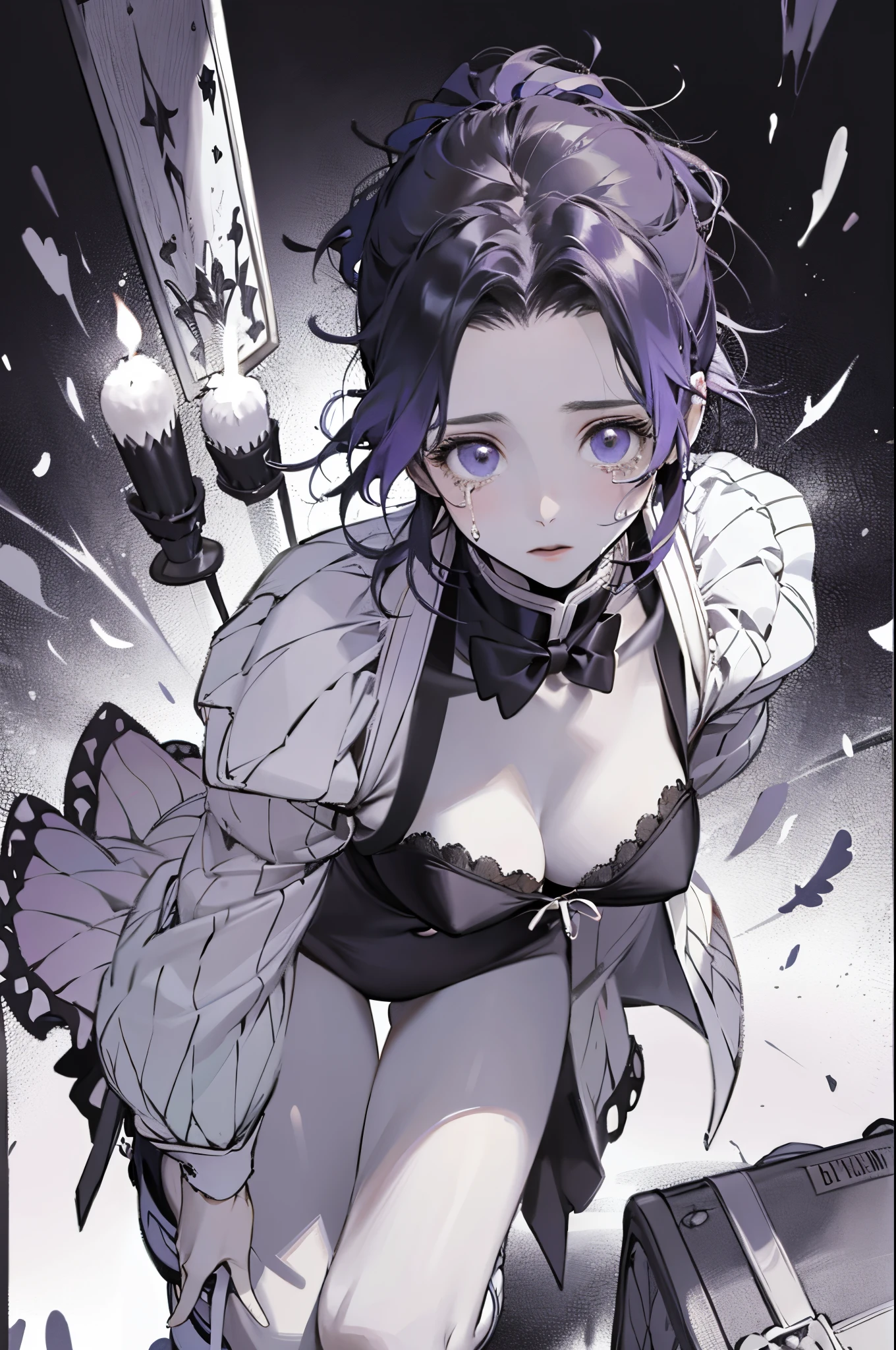 actual, tmasterpiece, quality, (詳細な目), A female high school student, , full bodyesbian, humongous large breast, lingerie, feels, perspiring, pelvis curtain, (Wide hips), His face was full of tears, underground room, waxy candles, crucifixion, , suspended in mid-air,Butterfly Shinobu