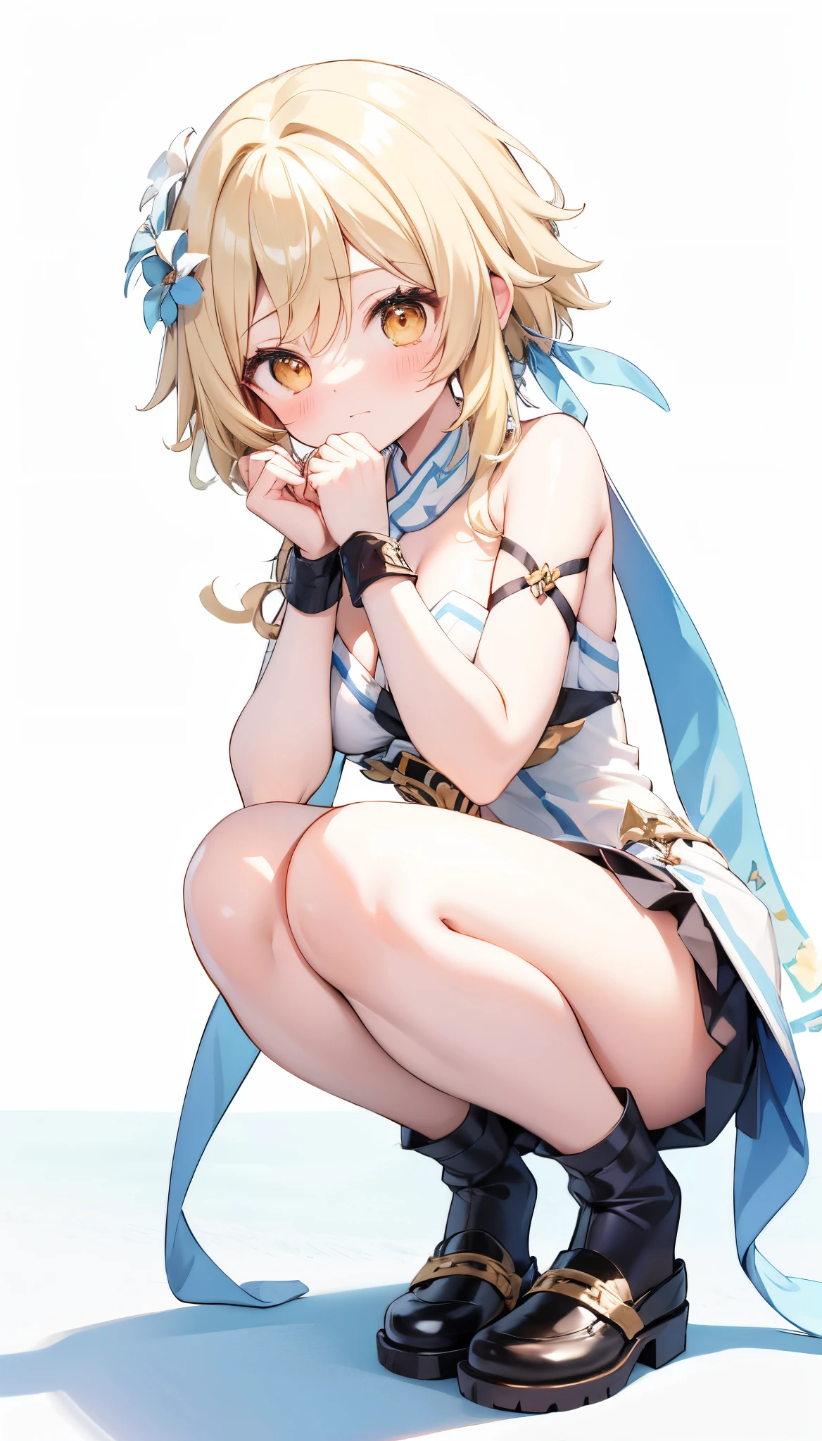 Squatting、Looking at the camera、White ruffled pants、Clear face、tits out、