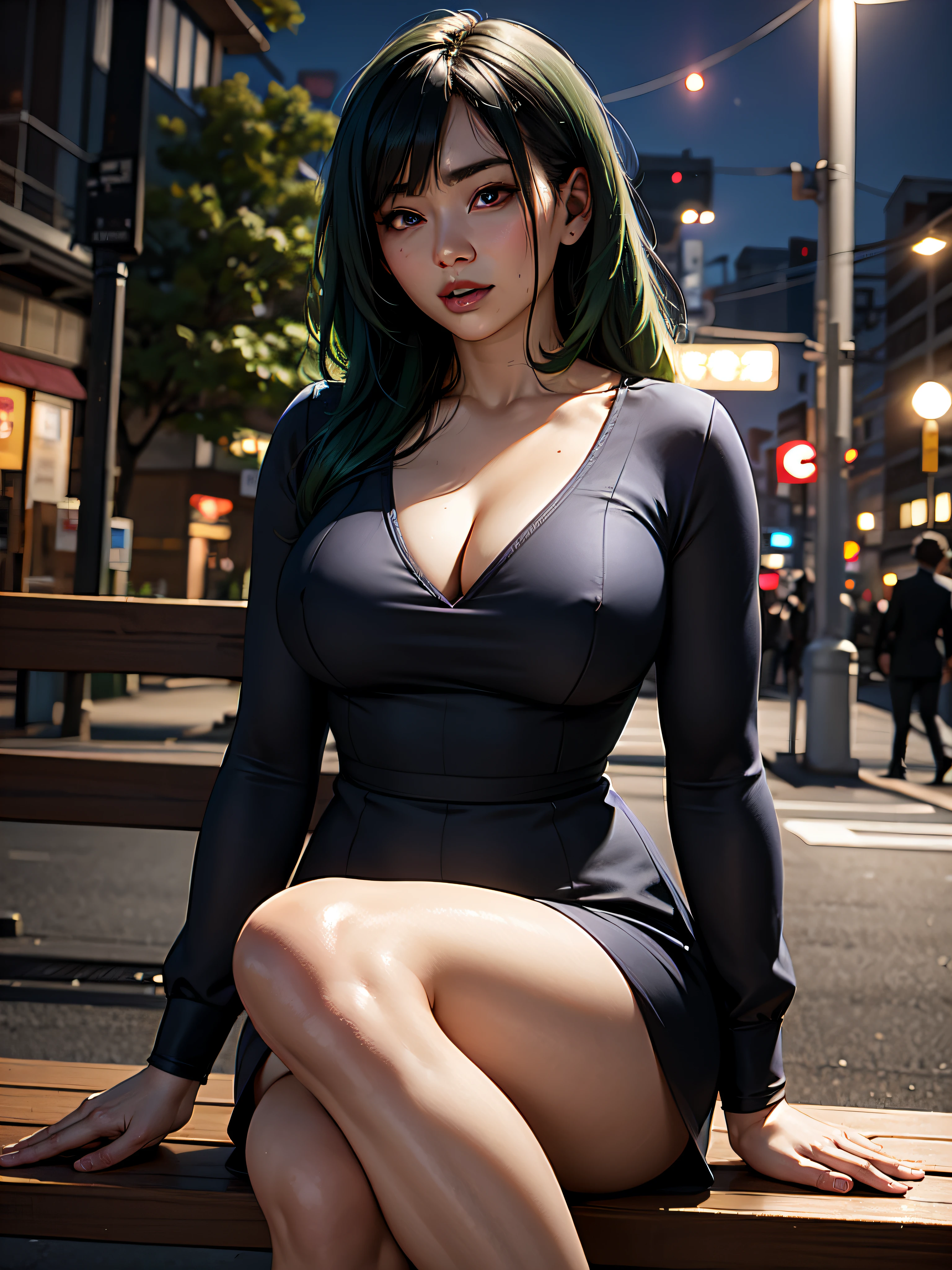 Portrait d'Une jeune femme asiatique, assis seul sur un banc, Dressed as a sexy teacher, cheveux verts, expression surprise, in the district of the street in Tokyo, Floor lamp lighting, very realistic, 4K, Expressif.