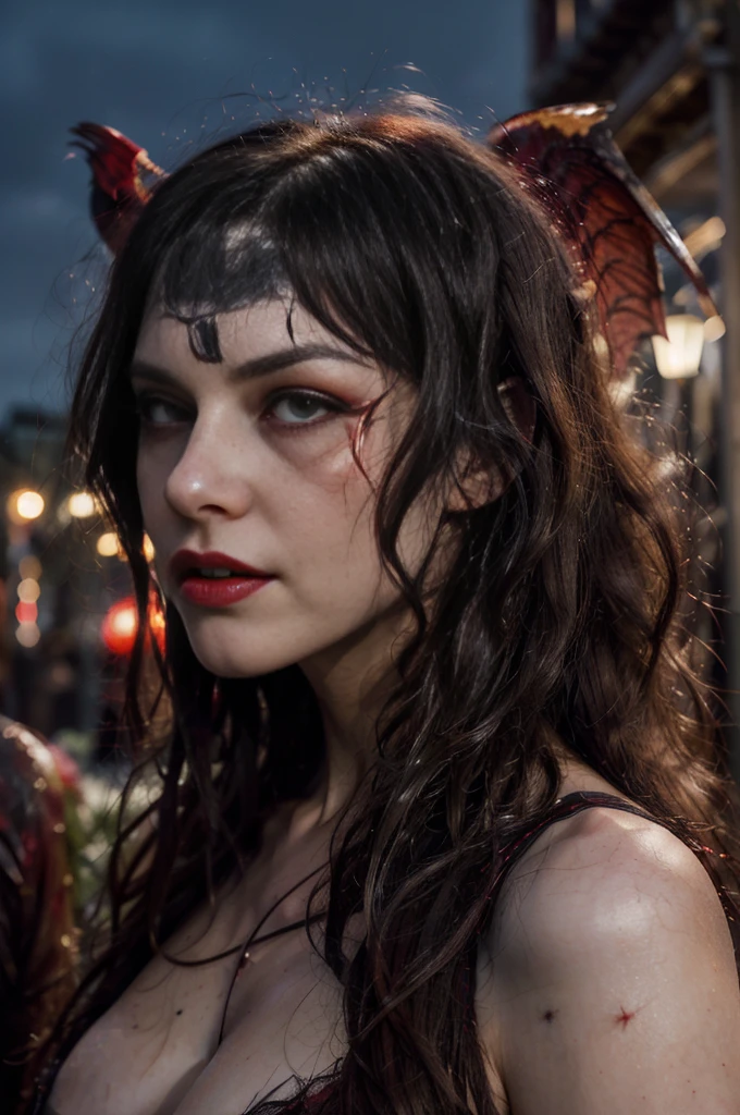 (red scales, scaly body), halo, black wings, fallen angel, black hair, loose waves, red eyes, Full cover, No body exposed, there is a woman with blood on her cheek, vampire woman, with fangs, vampire portrait, vampire woman, vampire woman, scary vampire, scary look, portrait of beautiful vampire, vampire, carmilla vampire, androgynous vampire, beautiful vampire, dark vampire, portrait of a vampire, evil look, portrait of a vampire lady, fairground rides, night sky, many lights in the background, 8k, best quality, masterpiece, ((bangs)), long hair, blonde hair, photographed by another person, (8K, Best Quality: 1.2), (Masterpiece: 1.37), (Photo, Photo, Realistic: 1.37), (Ultra High Resolution), Walking Pose, Front Shot, Slow Motion, (Crazy Detail, Bloom: 1.5 ), ( Premium High Quality, Alessandro Casa Grande, Greg Rutkowski, Sally Mann, concept art, 4K), (Simulation: 1.2), (High Definition), (Detailed Student: 1.1), Detailed Face and Eyes, Masterpiece, Best quality, (Very detailed in photography: 1.1), (Young woman: 1.1), Sharp, (Perfect figure: 1.1), Realistic, Realistic shadow, 3D, (Temple depth: 1.2), Photo Canan EOS R6, 135 mm , 1/ 1250 sec, f/2.8, ISO 400,