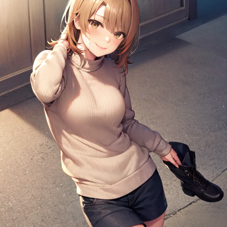 Isshiki Roha, shorth hair, brown haired, wetting hair,Brown-eyed, Large sweaters, shortpants,Sweater large enough to hide pants,A smile, Solo,black pantyhose king,Short boots,outside of house,Cold sky