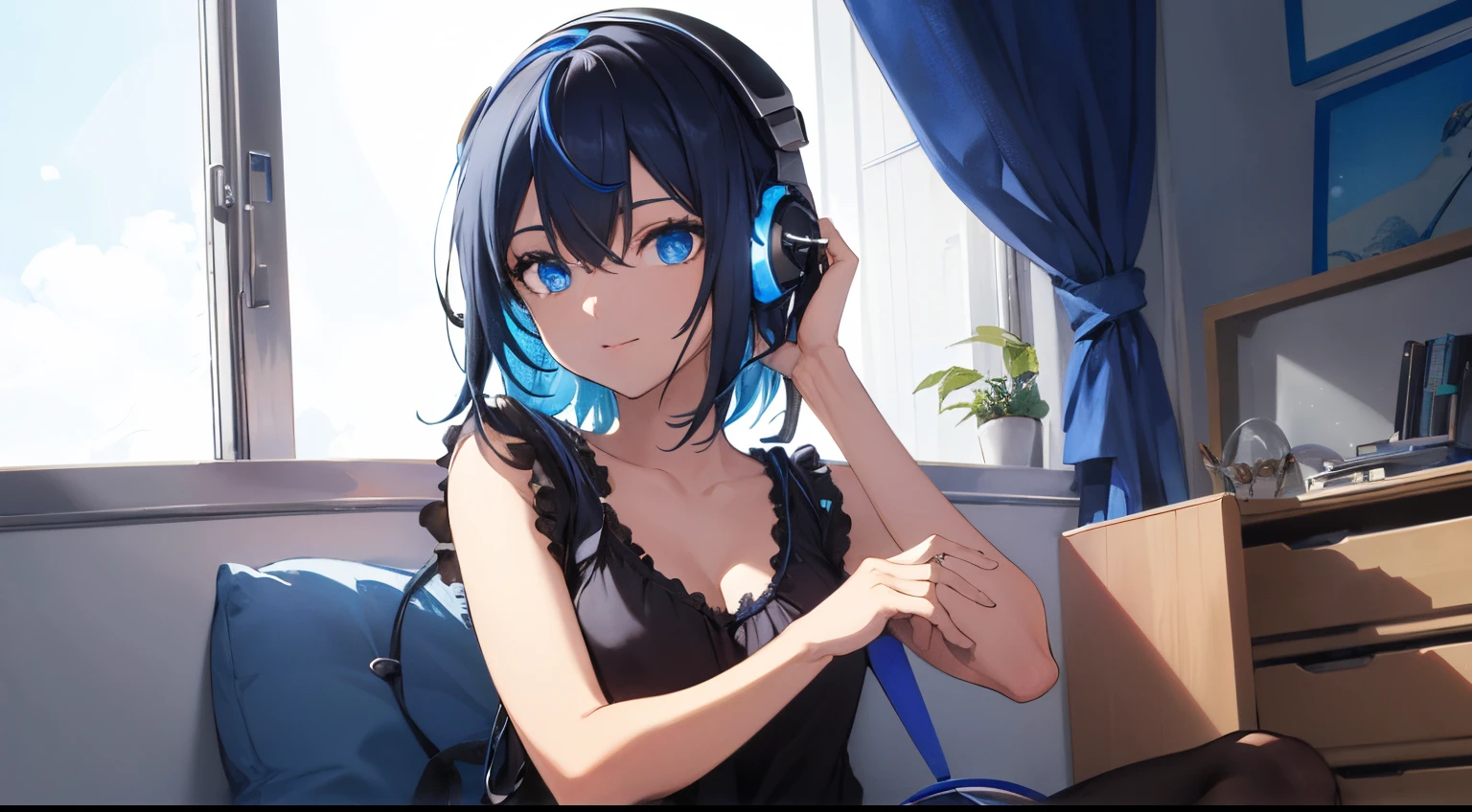 ((best quality)), ((master part)), rosto perfeito, uma garota feliz de olhos azul claro e cabelo preto, sitting in the room listening to music with headphones, Anime 2D, Anime Ultra 2D.
