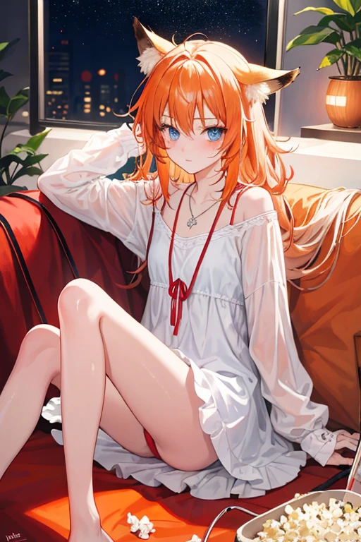1 girl, fox ears, orange poses, blue eyes, necklace, face closed up, wet hair, humid, hot pornographic, intimate, beautiful, traced light, High details, digital art, Night, Loving, Blushing, insecure, cute, , Shadows, Contrast, Beautiful eyes, gentle, delicate, scalp, vivid eyes, messy hair, full body, sitting at ease on the couch, with a bucket of popcorn watching a movie