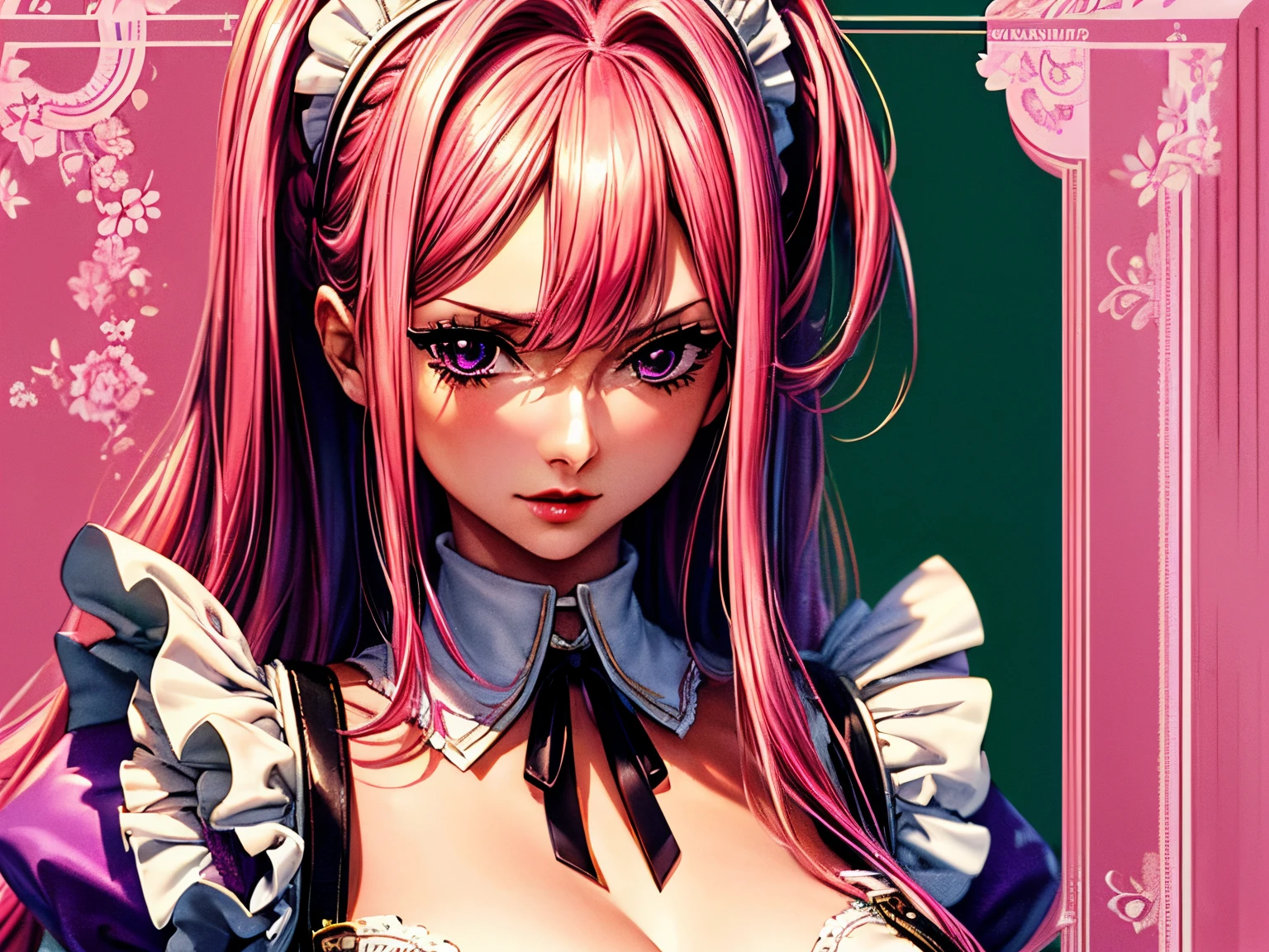 (Best quality at best,8K,A high resolution,tmasterpiece:1.2),Digital artwork, one lady，detailed face，detailed eyes，pink hair，Big breasts，long straight hair，red lip，Suspenders，standing，purple eyes，cover girl，cowboy shot，middle parted hairstyle，maid costume，green maid hair band，no bangs