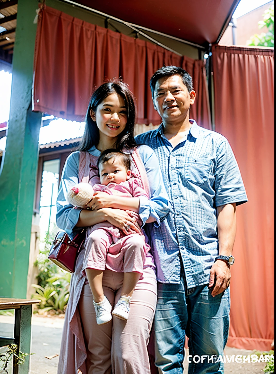 arafed couple holding a **** in a pink dress and a man in a blue shirt, happy family, husband wife and son, old picture, an indonesian family portrait, Realistic