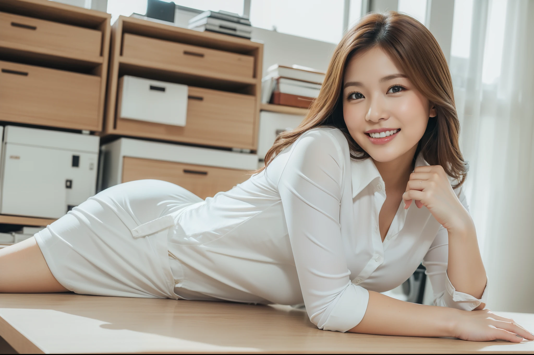 ((Best Quality, 8k, Masterpiecedetails, ultra-high resolution)), (looking at the viewer), (full shot:), attractive business 1 milf laying down on office, desk, a bit chubby:0.25, white collared shirt, grey skirt, (laying down on office desks)), smile, office of CEO,