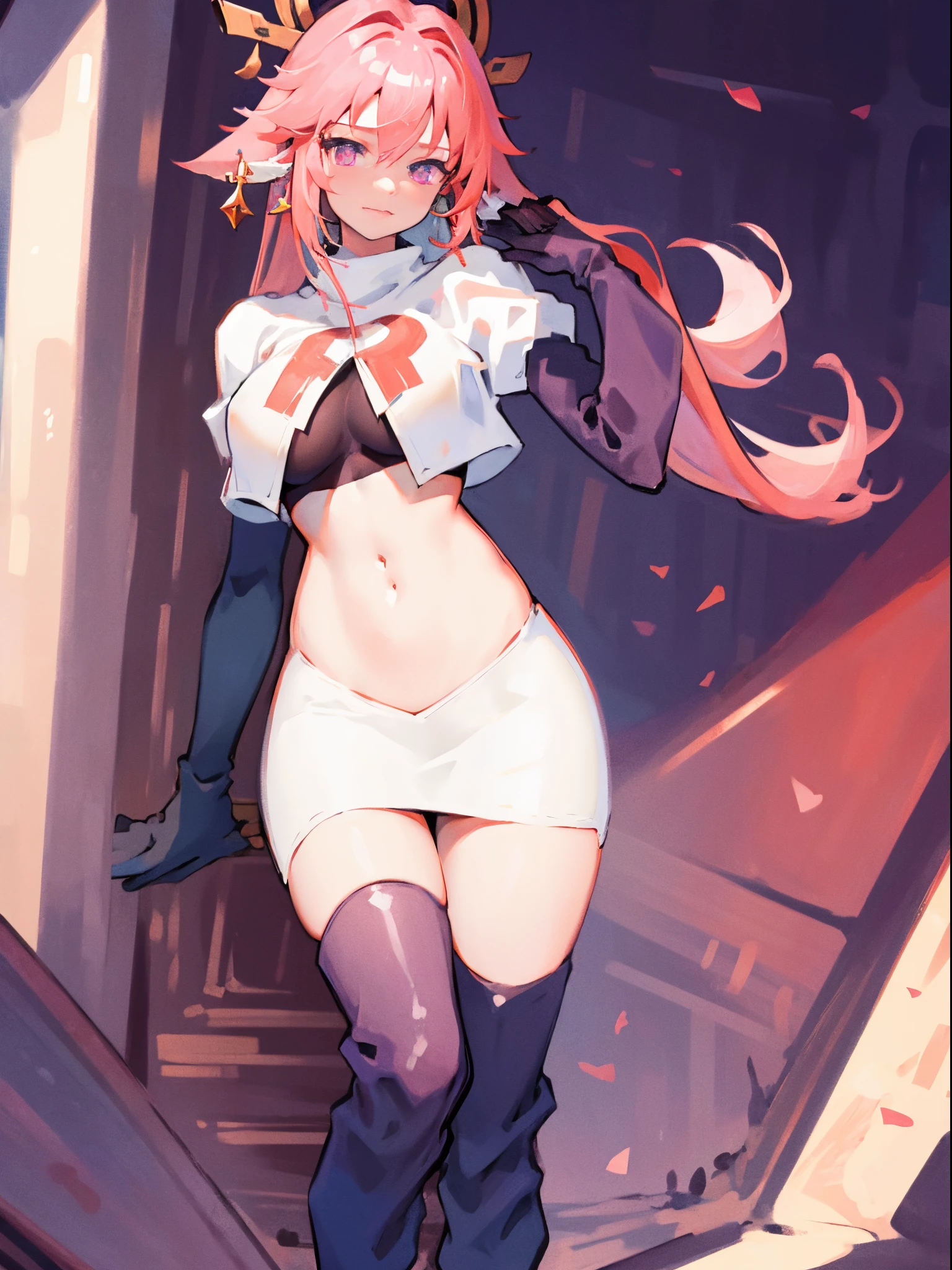 ((masterpiece, best quality)),8k ,Yae miko,1girl, \n/, animal ears, breasts, earrings, flower, fox ears, gem, hair between eyes, hair ornament, jewelry, long hair, medium breasts, miko, pink eyes, pink flower, pink hair, purple gemstone, sidelocks,team rocket,team rocket uniform,white skirt,crop top,black thigh-high boots,black elbow gloves,