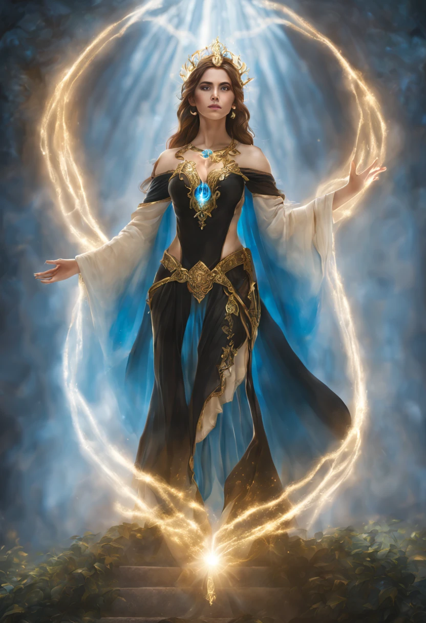 An Elf female with brown hair, wearing a "black and gold religious habit", large breasts, full body pose, spirit, glowing blue aura,