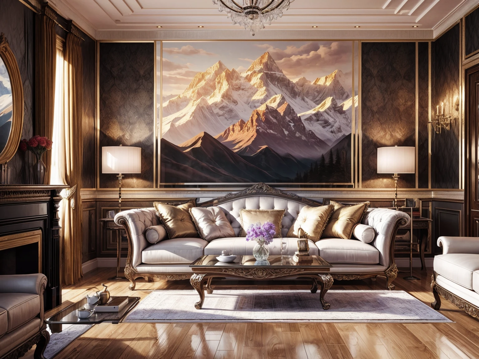 ((best quality)), ((masterpiece)), ((realistic)), (detailed), (photorealistic:1.5); living room; Highly detailed; Higher resolution textures; wall panels; Malaysian TEAK wood; Chesterfield sofa; Two floor lamps on either side of sofa; Detailed sofa; Floor lamp with perfect detailing; 3000 Kelvin Lighting, Painting on wall, painting of mountains; highly detailed painting; masterpiece painting; wide angle fov, night time render; perfectly detailed table lamp; perfectly detailed side table; highly detailed sofa fabric; perfect detailing on sofa; Perfect stitching, Perfectly detailed chandelier with detailed crystals; detailed fireplace; detailed cushions; detailed stitching on sofa; Highly detailed furniture ;4K render