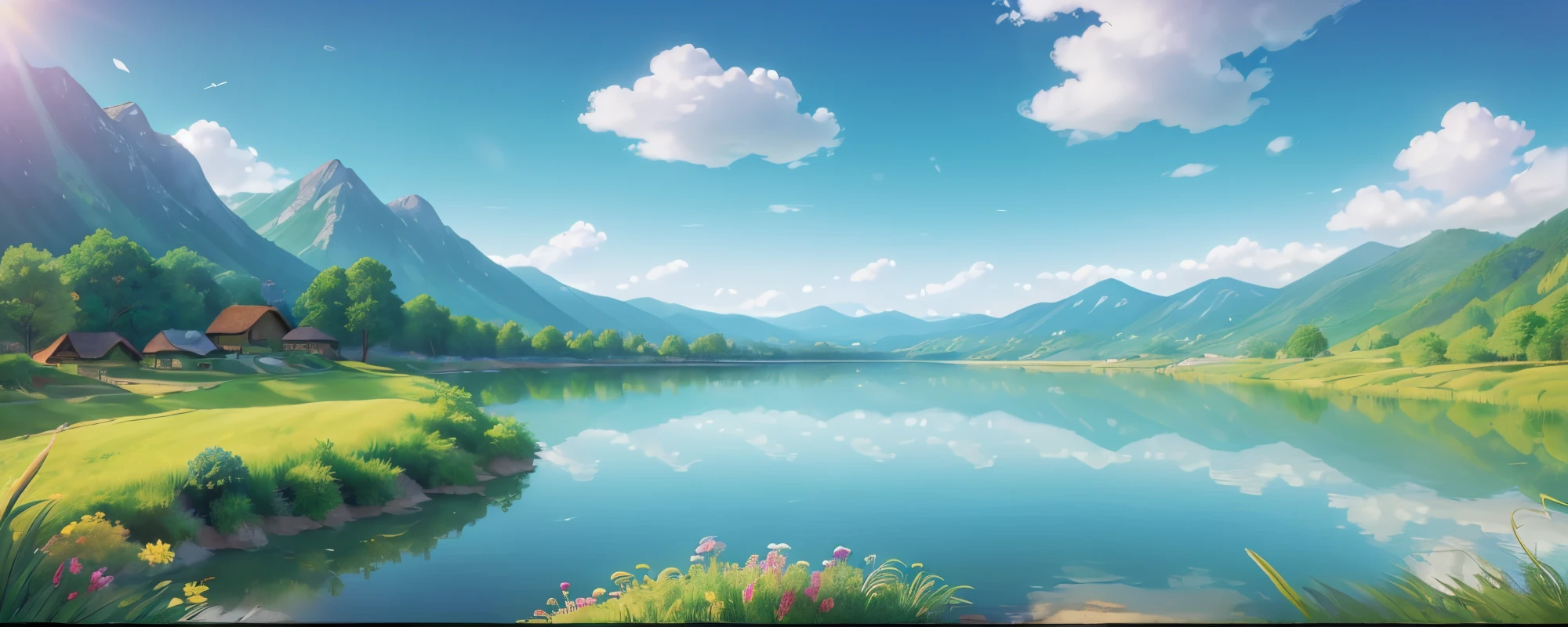 (best quality,4k,8k,highres,masterpiece:1.2),ultra-detailed,realistic,blue sky landscape,beautiful pixar style,happy,vivid colors,bokeh,light-filled,serene,peaceful,majestic mountains,lush green fields,wildflowers in bloom,floating clouds,dreamlike,pastoral scene,tranquil river,sun-kissed,dynamic sky,gentle breeze,joyful expressions,blissful atmosphere,family outing,playful outdoor activities,endless horizons,infinite possibilities,harmonious nature,happiness in nature,serenity of the countryside,sunlit meadows,distant hills and valleys,serene lake reflection,wholesome and positive vibes,captivating scenery.