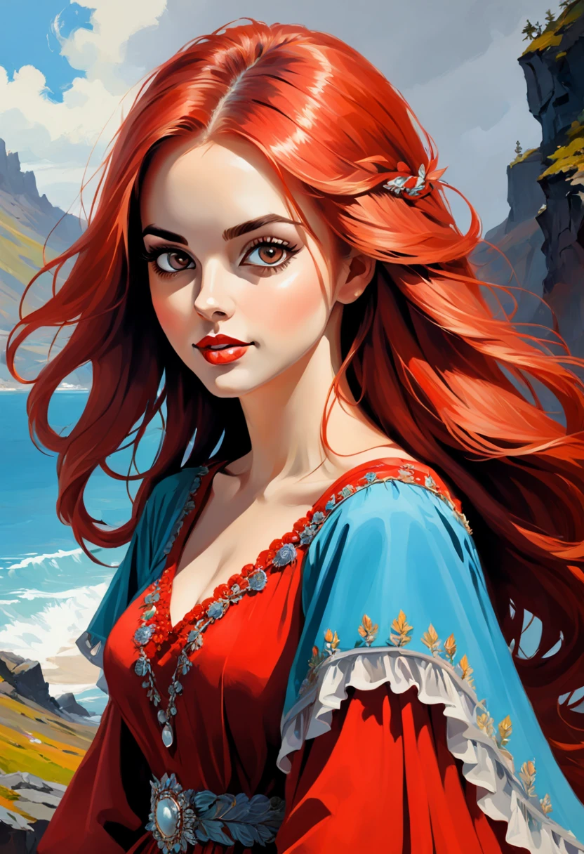 retrato feminino, Beautiful Nordic woman, longos cabelos loiros, olhos sorridentes, Looking at camera, boca sorridente, vestido vermelho decotado, acrylic painting, Pincelada arrojada e expressiva, estilo impressionista, Rosto detalhado, Epic surreal background, pinceladas muito pesadas com tinta texturizada grossa, Specialized lighting and shadows, alto contraste, pintura de arte, Wadim Kashin.