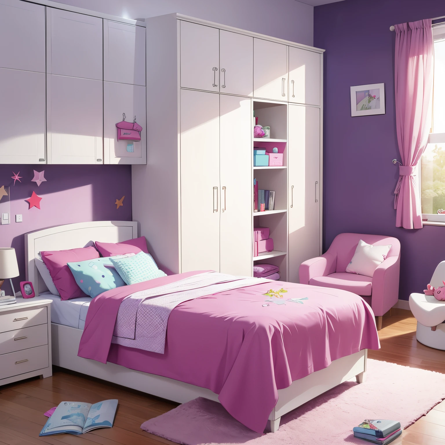 Quarto vazio limpo feminino. Com cama, guarda roupa, estante e notebook.