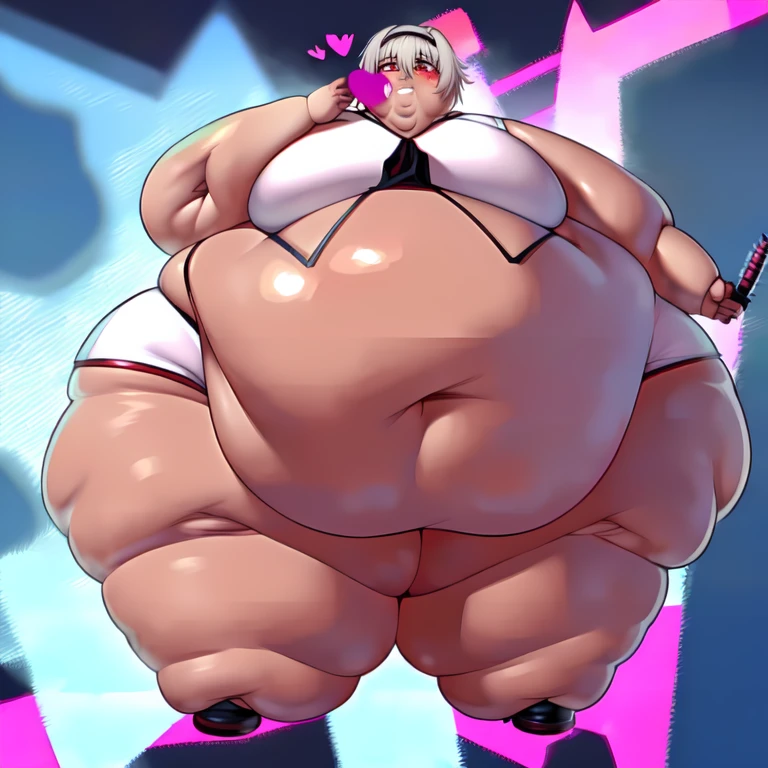 ((anime boy )), ((androgynous)),((dark skin)), ((long white hair with pink streaks)),(( hair Styled into a Bun and braided ponytail )),((Red eyes)) , (Tall),(White half jacket), ((hot pink Crop top)) ,(Skimpy white shorts) , ((pink heart face mark on cheek)) ,((evil aura)), crazy smile , ((Pop Idol)) , ((yandere: 1.5)), ((Masterpiece)), High Aesthetic, ((high quality )),((1boy, Solo)),((hyper hips)),(( immobile,)),((pear_shaped_body)),((belly_bigger_than_body))