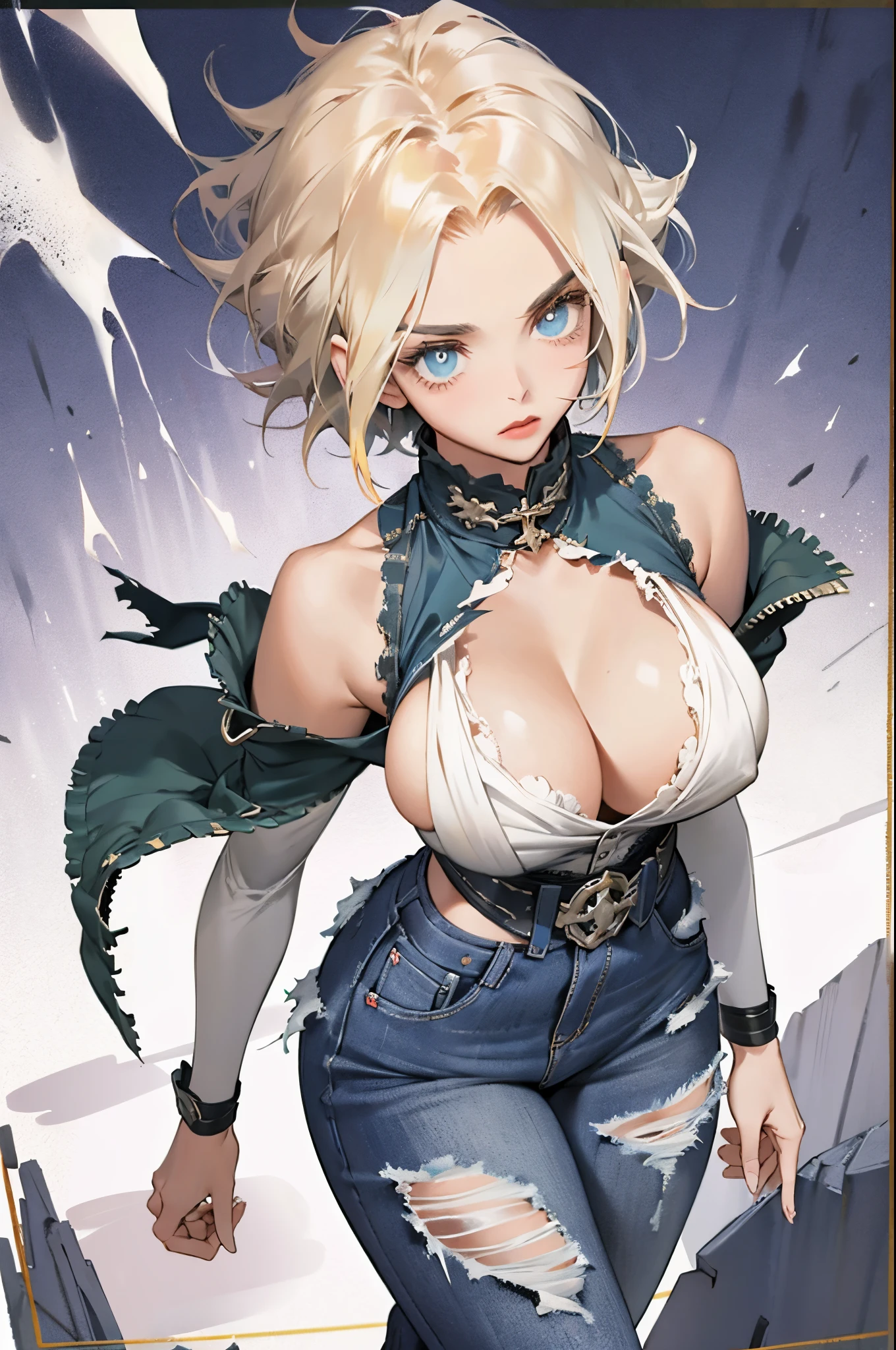 tmasterpiece, Uncensored, titmouse, Beautiful curves, dead, Torn clothes, 1个Giant Breast Girl, Android18, , Torn shirt, Torn trouser leg, Blonde hair, a skirt, jaket, Torn sleeves, Clothing cutting, Score:safe, Alone, Denim, Chopping, Denim skirt, obi strip, The shirt, longer sleeves, of shoulders, eBlue eyes, 鎖骨, cropped shoulders, Denim jacket, Green jacket, Torn skirt, looking at viewert, The pants are torn, short detailed hair, black shirt, medium, lacepantyhose, belt buckle, Big boobs background, Permanent, hair intakes, Open jacket, Cleavage cutouts, Black tights, vests, pencil skirts, Keep your mouth shut, greybackground, white backgrounid, Buckle up, cow boy shot, Look away, torn jacket, from the above, minkirts, Black belt, Open your clothes, 耳Nipple Ring, Water-colored eyes,(gigantic and massive tits:1.1), , Curvy MILF, 1:2), closeup cleavage, titmouse