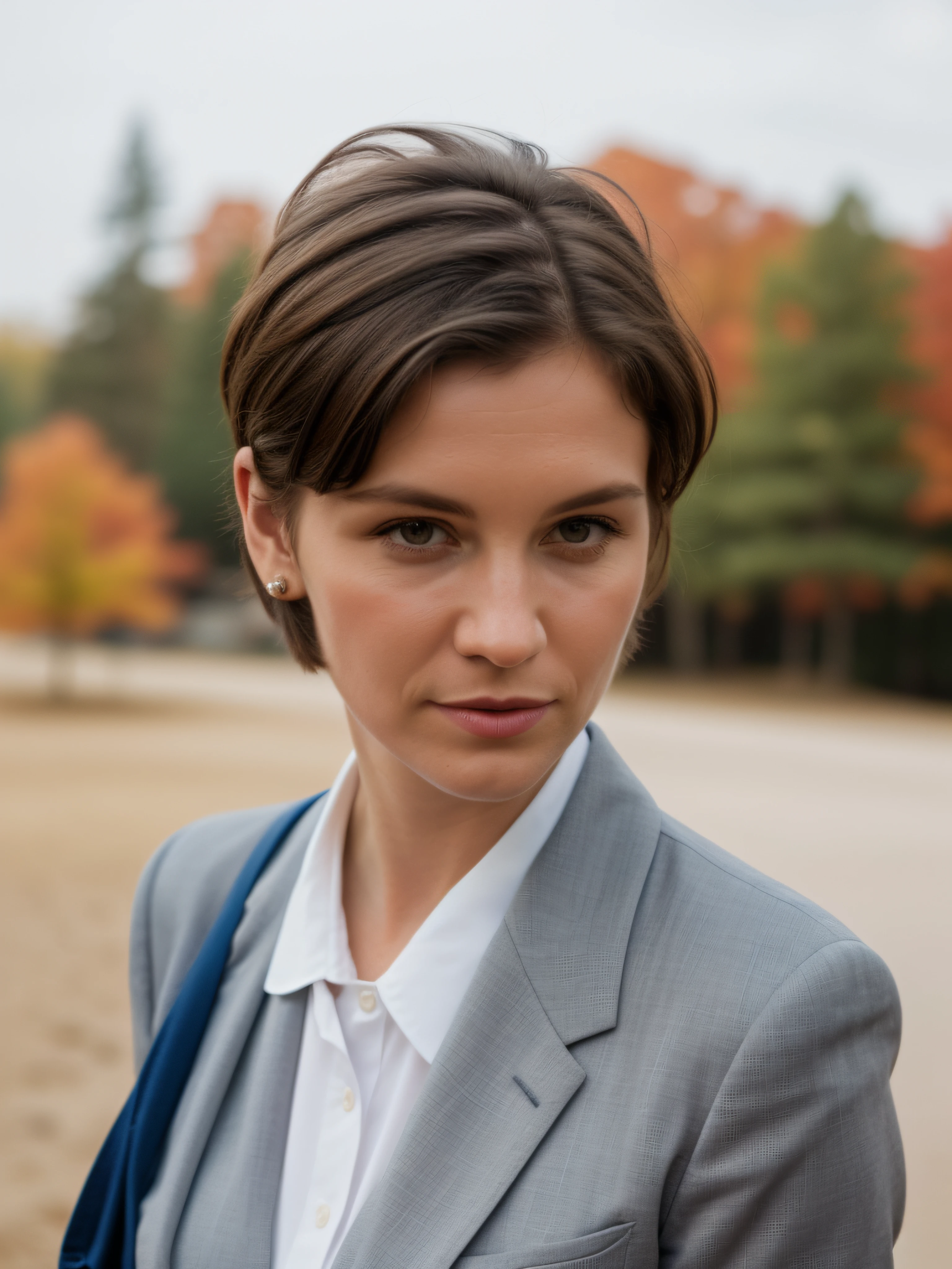 (Photographed with holga camera, Soviet 35mm color film:1.1),46 year old portrait photo.Oh，white woman,light brown hair turning gray,Very short hair,Super Elf Cut,(Angular features),(rosto magro:1.3),Linear,The upper part of the body,Official Portrait,Wearing suit and headscarf, sportrait,profesional photo