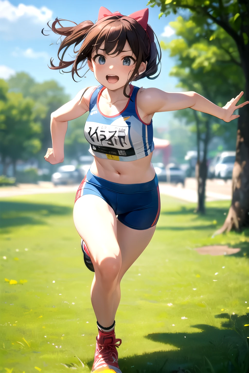 A cute girl running on the grass
