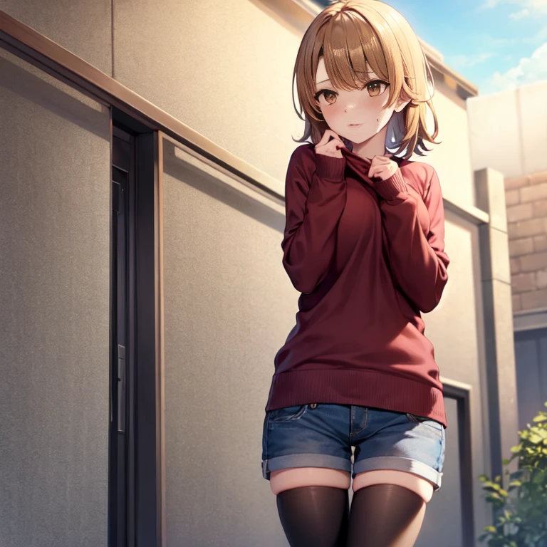 Isshiki Roha, shorth hair, brown haired, wetting hair，Brown-eyed, Large sweaters, shortpants，Sweater large enough to hide pants，Ha ni ni, Solo，Black tights，outside of house，Cold sky