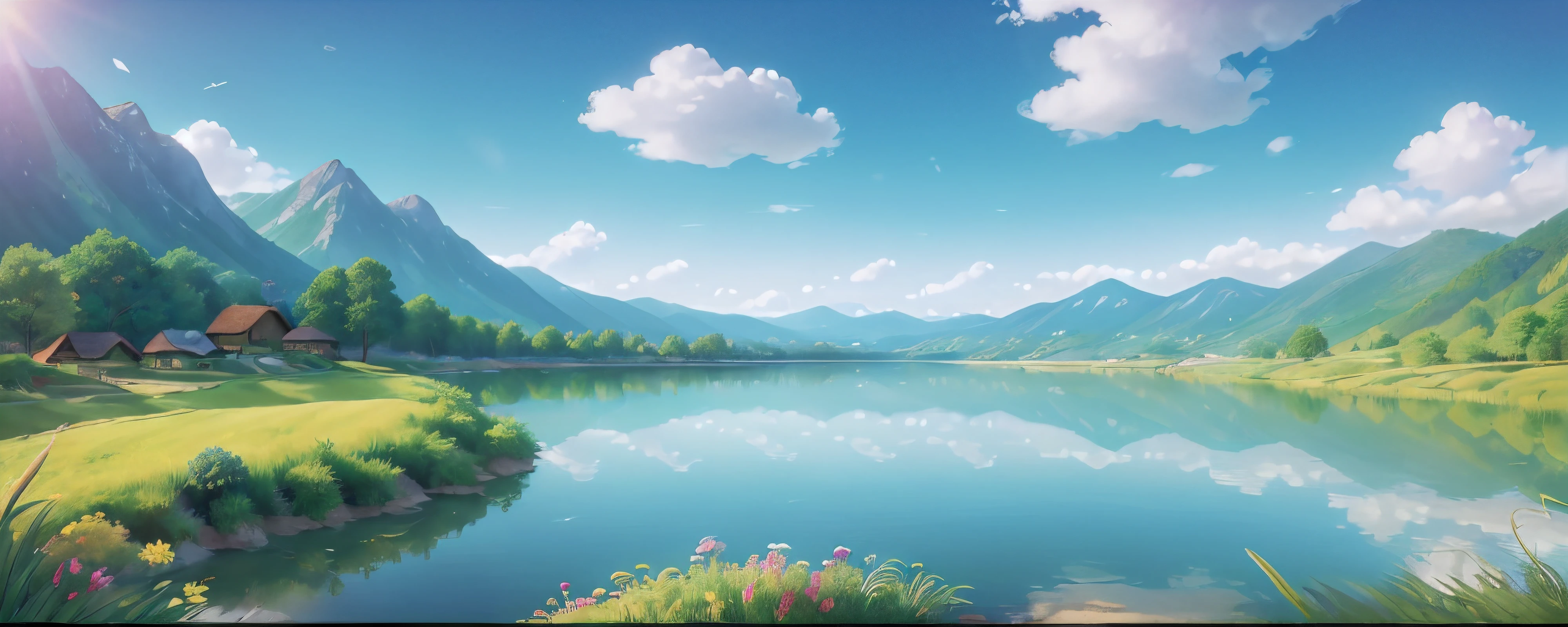 (best quality,4k,8k,highres,masterpiece:1.2),ultra-detailed,realistic,blue sky landscape,beautiful pixar style,happy,vivid colors,bokeh,light-filled,serene,peaceful,majestic mountains,lush green fields,wildflowers in bloom,floating clouds,dreamlike,pastoral scene,tranquil river,sun-kissed,dynamic sky,gentle breeze,joyful expressions,blissful atmosphere,family outing,playful outdoor activities,endless horizons,infinite possibilities,harmonious nature,happiness in nature,serenity of the countryside,sunlit meadows,distant hills and valleys,serene lake reflection,wholesome and positive vibes,captivating scenery.