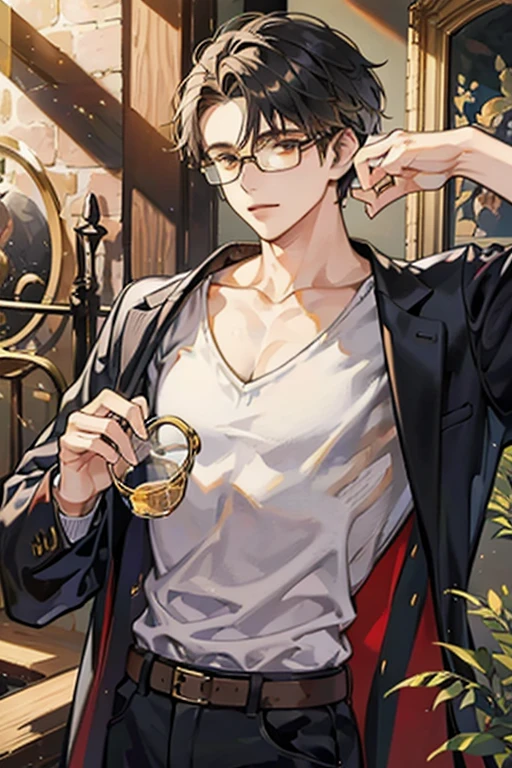 20-year-old male, Sweaters, chest muscle, Gold-framed glasses