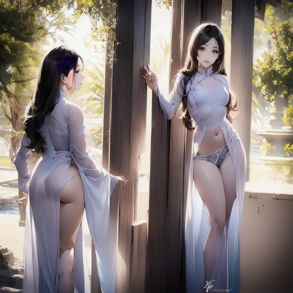 Three Women、Wearing a transparent ao dai, Golden hair, The long-haired, A dark-haired, well-proportioned long limbs,, ((witheout panties)) nature backdrop, spot light, highly contrast, ​masterpiece, top-quality, top-quality, cinematiclighting, Photorealista