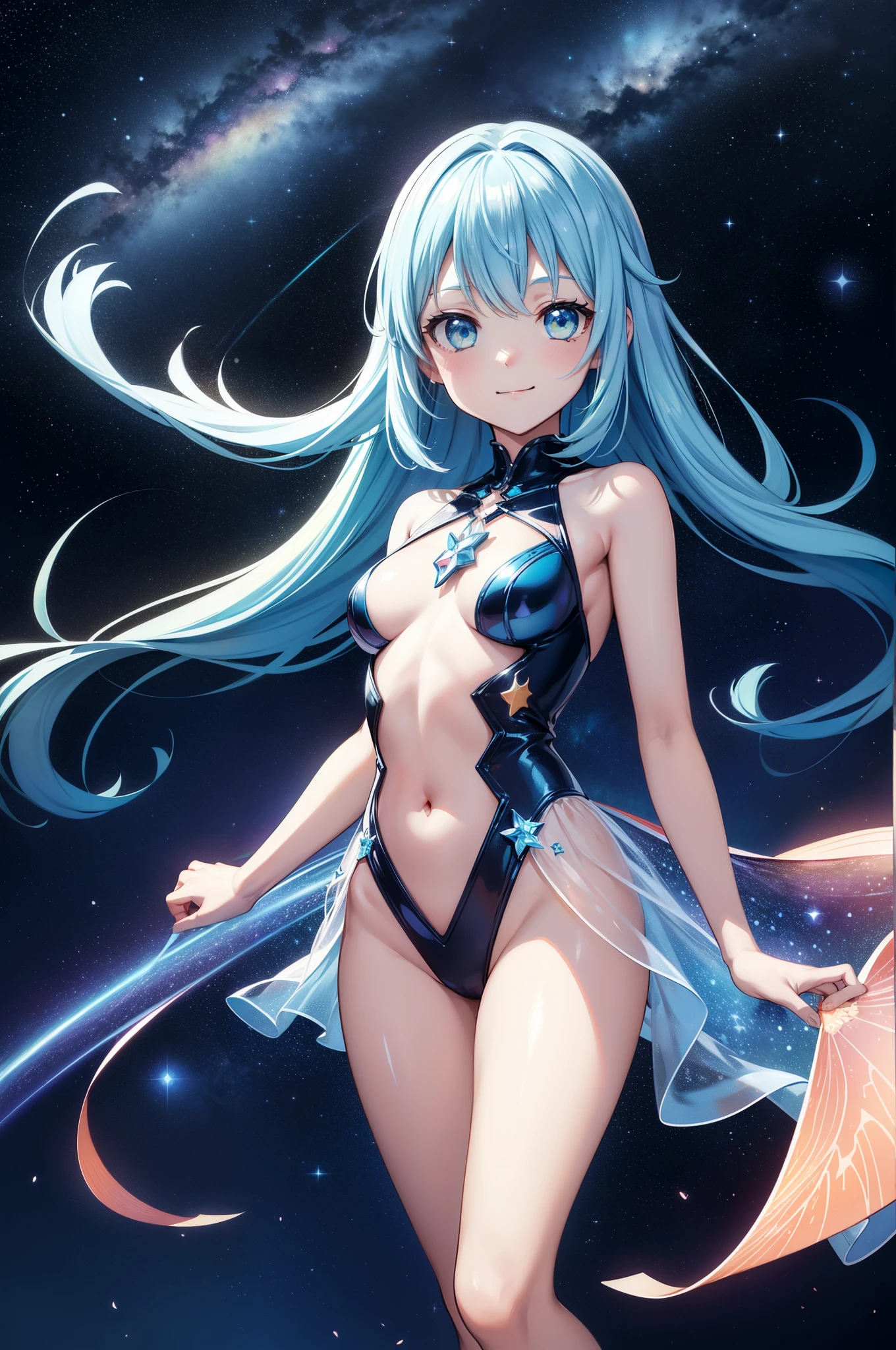 {{{masutepiece}}}, {{best qualtiy, An ultra-fine illustrations, beautifulanddelicatewater}}, {{very delicate light}}, {{Nature, Painting}}, {{Fine Lighting, More transparent stars, Very fine 8K PCG wallpaper}}, (plateau), Sunrise, randomly distributed clouds, cliff, ((Rotating starry sky)), Beautiful girl with long light blue hair with luminous particles、Twin-tailed、adorable smiling、facing front、Super Gloss Metallic Coral Rainbow Transparent Holographic Suit:1.2),