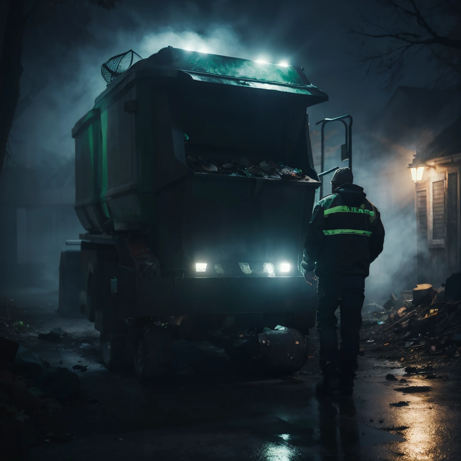 Garbage collector on a spooky night, with a dim atmosphere,and a shadow of a frightening creature backyards.
