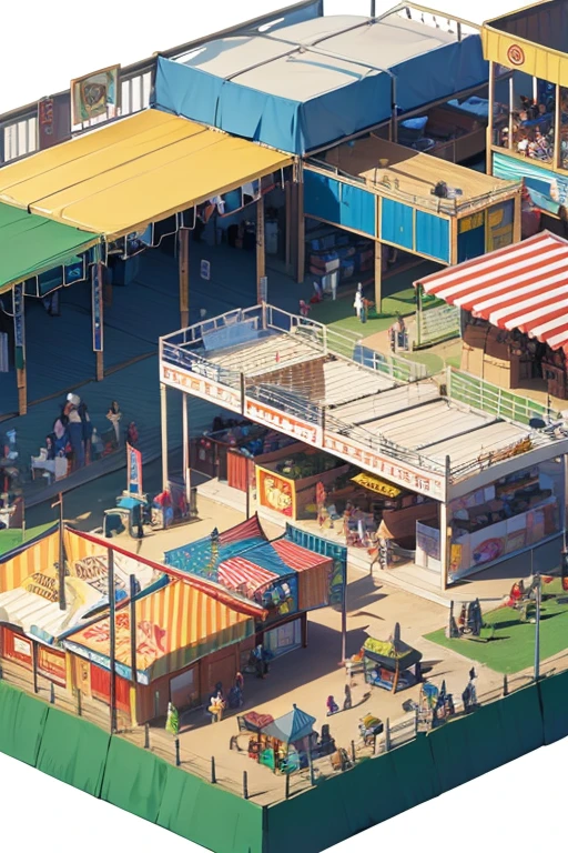 board seen in isometric view, three stands form a county fair, layered paper style, small paper people around the carnival stands, day light, blank background