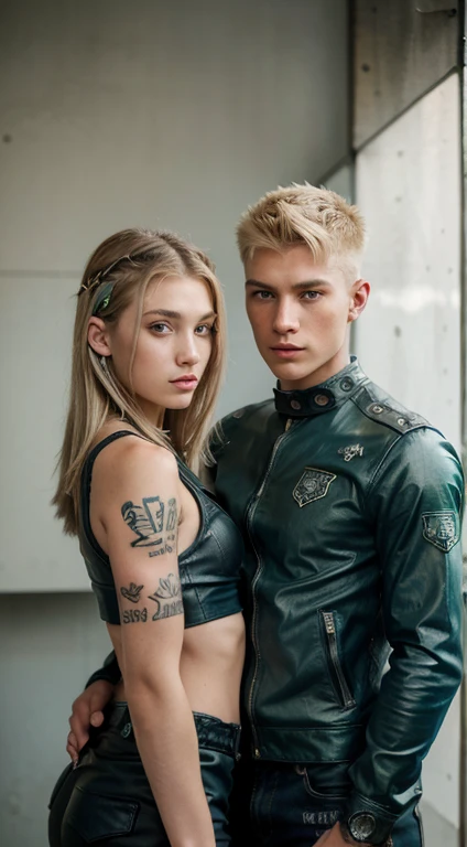 Twins ( boy and girl )American teenager 17 years old, blue eyes, military cut blonde hair, sharp features, height 1.90 weight 90 kg, muscular complexion, broad shoulders, v-shaped body, hairless,green snake tattoo on right shoulder, biker outfit and tattoos