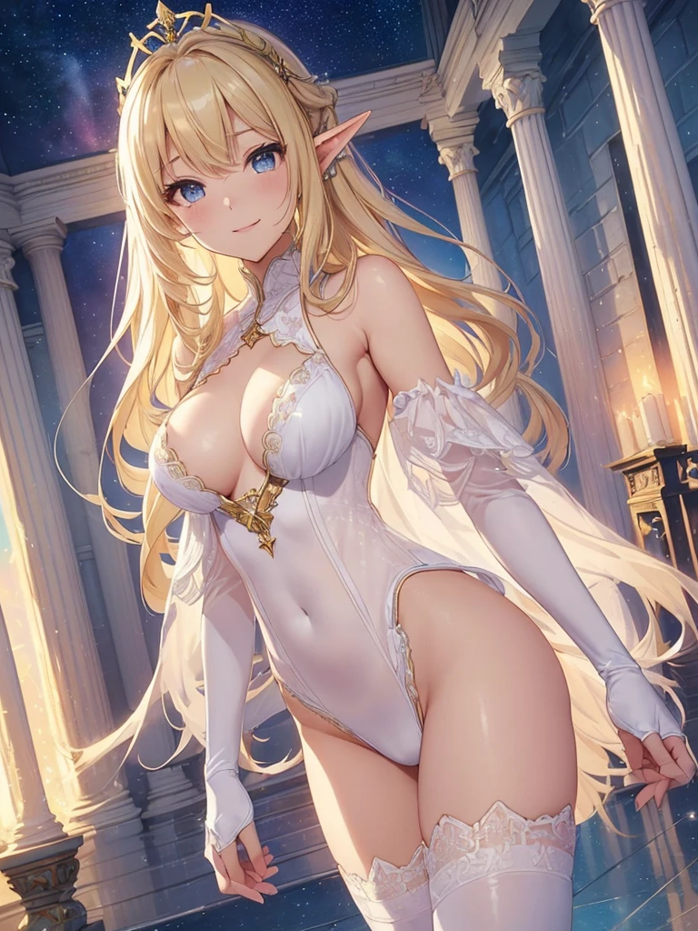 top-quality、Top image quality、masterpiece、Super beautiful elf girl((24 year old、Best Bust、big bast、Bust 90,Beautiful long blonde hair ironed、A slender、 skating、Esbian、beautiful tiara、hiquality、Beautiful Art、Background with((starrysky)))masutepiece、visualart、depth of fields、low angle of morning sky、Yuki、Elven ears、、light magic、kosmos、、Happy smile、Gentle light、、Beautiful legs that are gentle on the skin、、、Number of fingers to achieve precise finger movements、ticker beautiful white underwear、beautiful decorative lingerie、Sexy leotard、elegent、Mystical 、Beautiful decoration of marble columns、Winters、Yucatin Glamorous body、Sexy Sexy、 Morning light、Beautiful decoration、エロ、Composition of the crotch seen from below、Close-up of the crotch