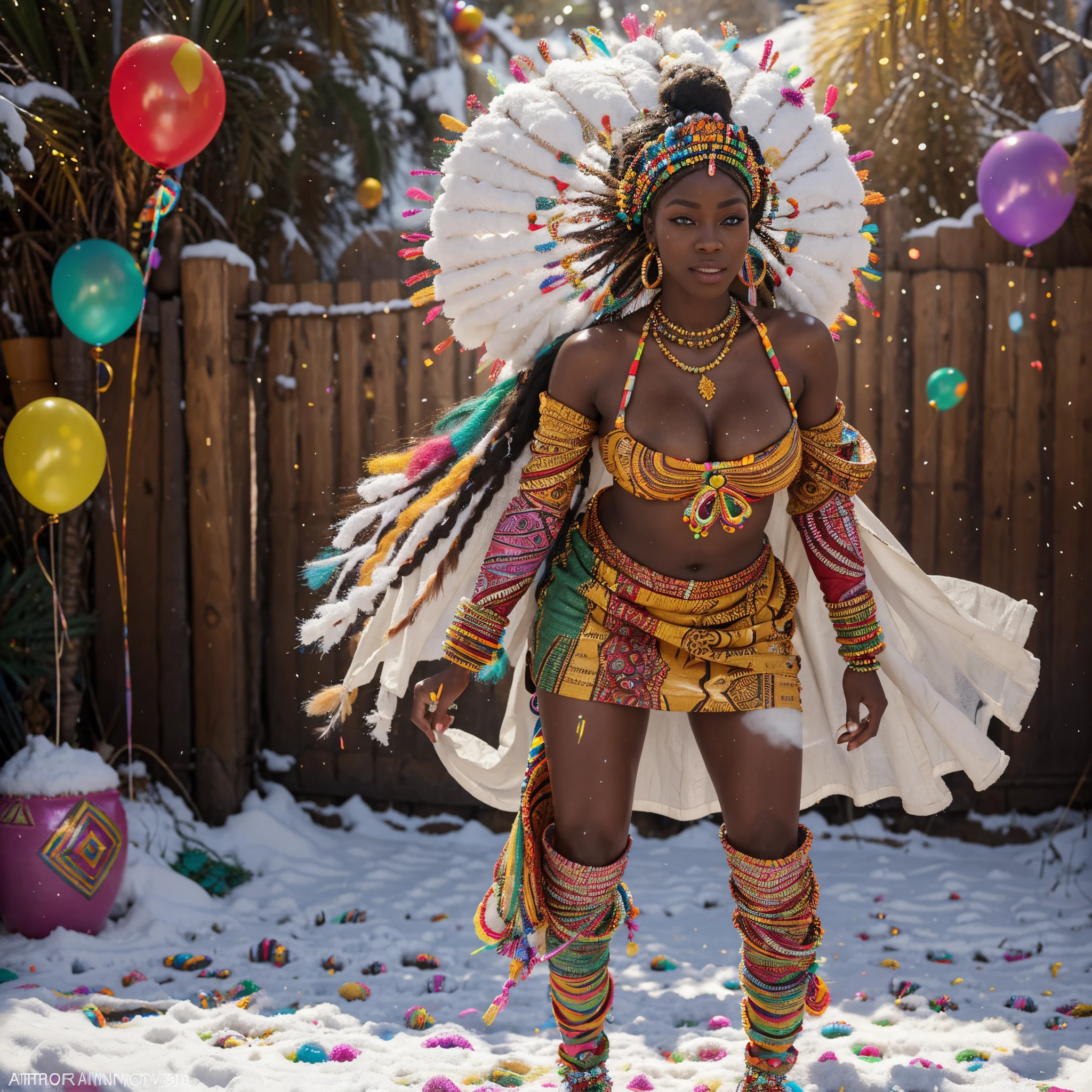 Full body shot of an African snow woman dressed in colourful african clothes, with beads and african designed headdress standing in snow,  surrounded by vibrant and colourful balloons with colourful smoke, with confetti floating in air, beautiful and vibrant daylight shining, with iridescent light, cinematic lighting, 32k, ultra HD, unreal engine rendered, hyper-realistic image, artgerm style