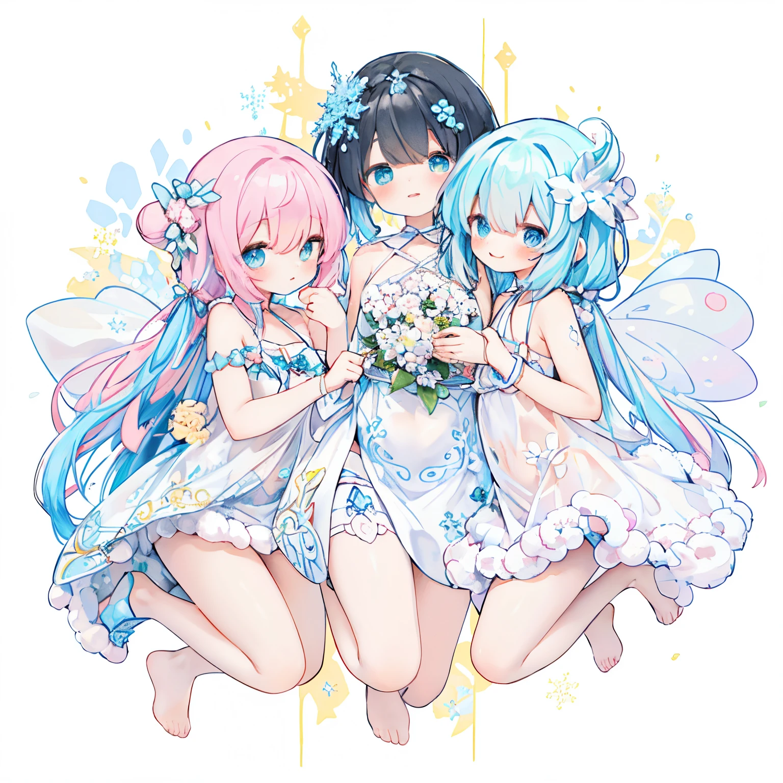 (PastelColors:1.3)、(Cute illustration:1.3)、(watercolor paiting:1.1)、(Wearing large transparent fairy wings with polka dots。。。。。。。。。。。。。。。。。。。。:1.3)、A smile、,Falling from the sky,Head down, feet up, Blue haired girl,improve,ultra wide-angle ,Detailed background、Smile with open mouth、Beautifully detailed、Moya、colourfull、marble、Particles of light、Pattern ROM side、Shirayuki Noel、Snowflake、
Detailed drawing、Vibrant colors、striking contrast、intricate detailes、Delicate depiction、Luminescent、full body Esbian、From the side、Beautiful facial features、appropriate color eyes、Wearing intricate and delicate ornaments、glowing aura、Radiant hair,Illuminated by the morning light、Summer wreaths、Pale yellow background、Fairy with a bouquet Fairy、A pink-haired、Bun head、jumpping、levitation、Thick wool gown:0.4