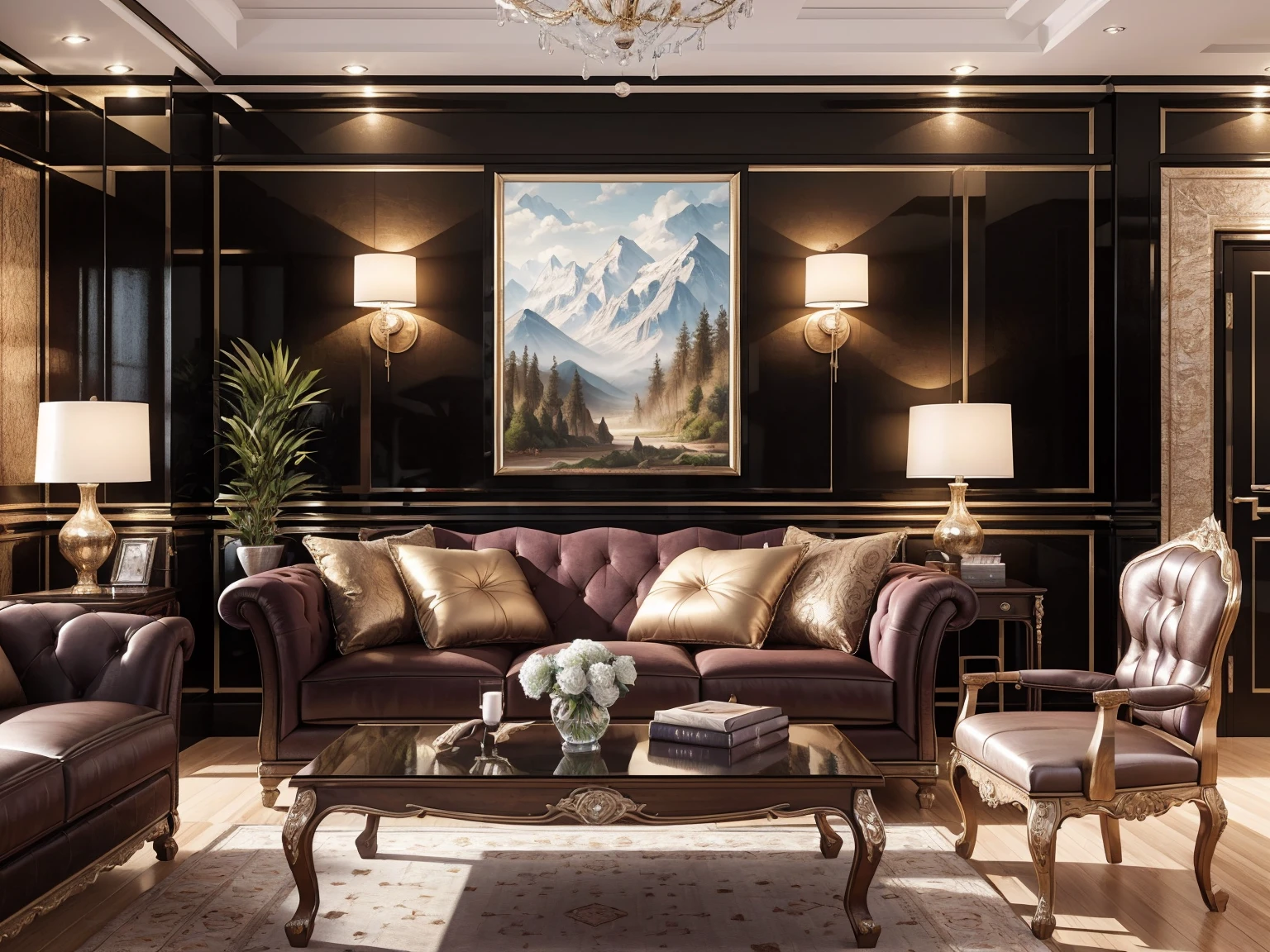 ((best quality)), ((masterpiece)), ((realistic)), (detailed), (photorealistic:1.5); living room; Highly detailed; Higher resolution textures; wall panels; Malaysian TEAK wood; Chesterfield sofa; Two floor lamps on either side of sofa; Detailed sofa; Floor lamp with perfect detailing; 3000 Kelvin Lighting, Painting on wall, painting of mountains; highly detailed painting; masterpiece painting; wide angle fov, night time render; perfectly detailed table lamp; perfectly detailed side table; highly detailed sofa fabric; perfect detailing on sofa; Perfect stitching, Perfectly detailed chandelier with detailed crystals; detailed fireplace; detailed cushions; detailed stitching on sofa; Highly detailed furniture ;4K render