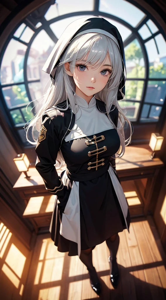 ((8k wallpaper of extremely detailed CG unit, masterpiece, hight resolution, top-quality)), (beautiful silver-haired nun, Hands in pockets:1.5, Wearing a black monastic uniform:1.2, Wearing tights:1.2), ((extra detailed face, Highly detailed black eyes, extra detailed body, Top quality real texture skins)), (silber hair, length hair, de pele branca), (chies, stain glass:1.3, Warm light), (high-angle:1.2, Fisheye:1.3), hyper realisitic, digitial painting,