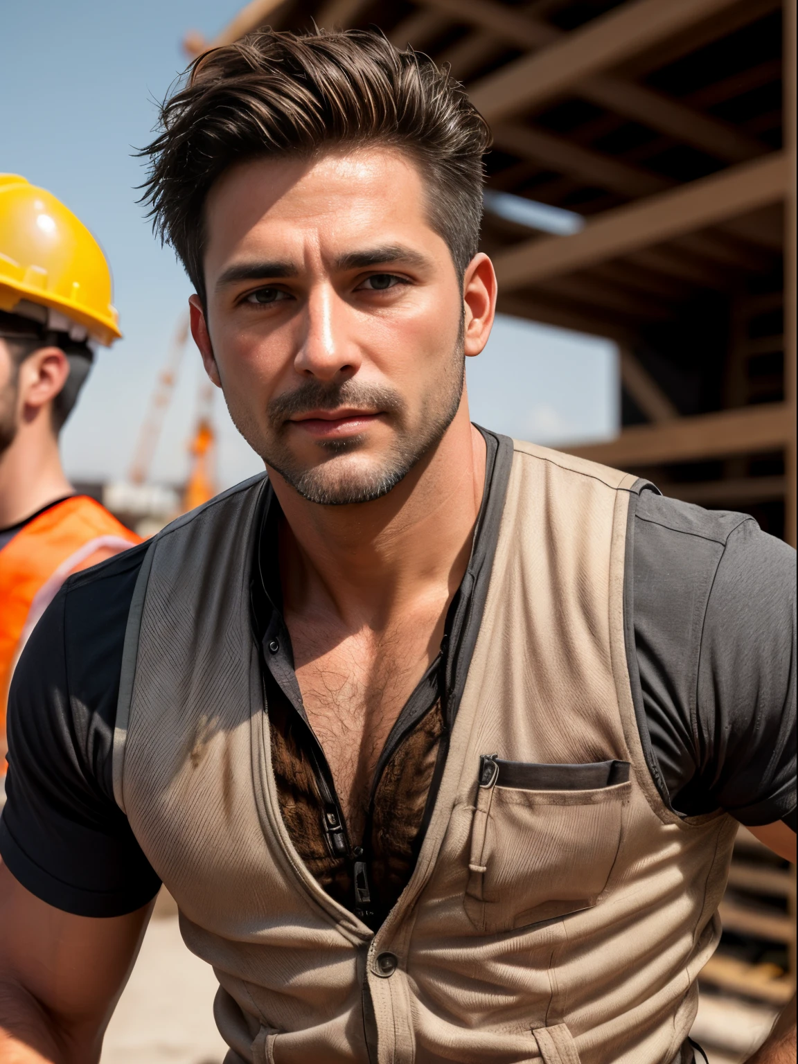 masterpiece, best quality, high resolution, closeup portrait, male focus, solo focus, A man, 40 years old, with construction worker uniform, unbuttoned work clothes, construction worker, silver grey hair, messy hairstyle, cute and seductive face, bare chest, body hair, facial hair, roman nose, very skinny body, hairy legs, dimples, beard, bold jawline , in the background a construction site, two men love touch romantic, kneeling, two men kiss, sweaty, sunburnt, orange vest, attractive, view from below, amazing composition, front view, HDR, ultra quality, elegant, highly detailed