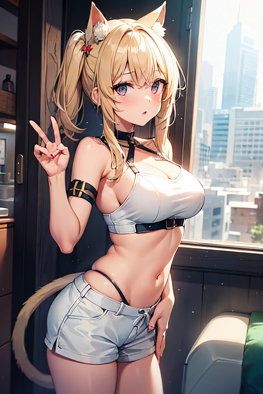 1girl, Snow beige blonde hair, Snow beige blonde cat ears, Snow beige blonde cat tail, Tube Top, shortpants, self shot, choker, Selfie wind, selfee, piece, piece sign