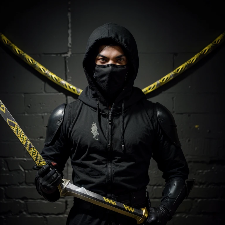 Snake Eyes star his name he's a ninja who wears all black his eyes covered by a hoodie its black also he has a long sword the handle black and the sheate black with yellow lighting bolts imprinted on it he has armor on his arms and shoulders and chestplate