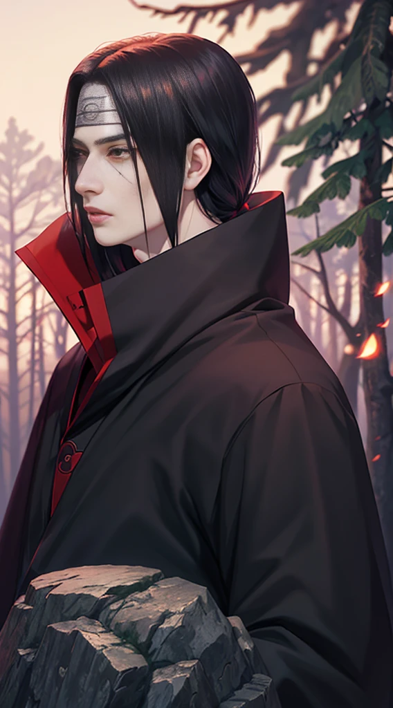 young man, pale skin, long black hair, black eyes, big lips, blackcloak akatsuki, Itachi Uchiha, realistic, 3d, forest
