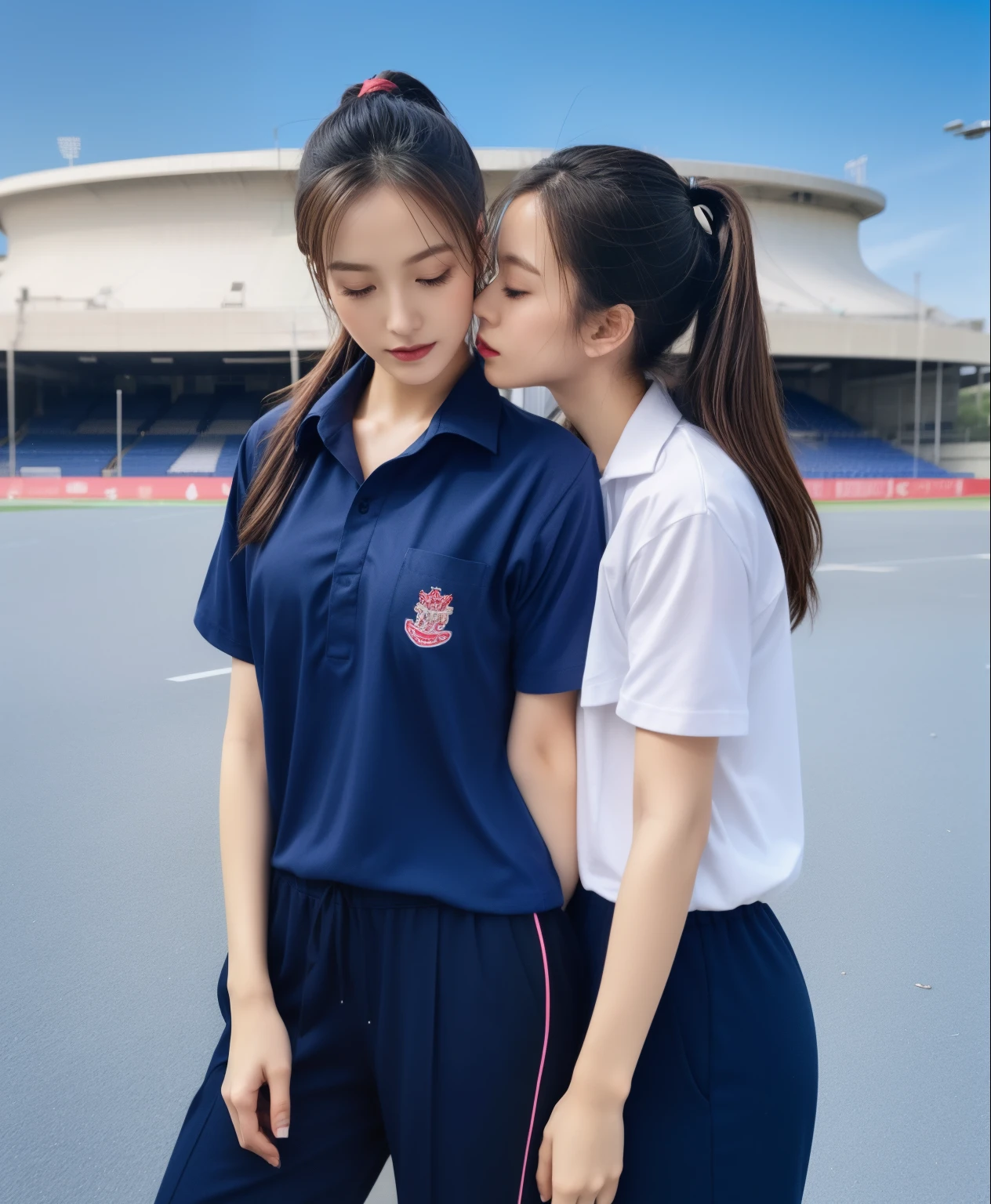 (bestquality,10,10,highres,masterpiece:1.2),ultra-detail,(Realistic,photorealistic portrait,photo-realistic:1.37),1 Cute girl in the football field,oily shiny skin,bara,light smile,BDclothelue shirt:1.3)),short sleeves,shirt, trousers.,(navy_long_Pants Track:1.1), ((Stadium Background:1.3)),dynamic angle,excited,face focus,Dynamic Poses,from behide,Ass Focus,masterpiece, bestquality, ultra realistic, hyper-detail, 8k resolution, RAW photo, crisp focus, ((Navy blue shirt:1.1)), short sleeves, Long Path, Perfect body, 2 mature women, 18yo, cinematic light,Blue sweatpants,Gymware,Correct anatomy,Complete body, Correct body, sharp face, Anatomically correct body, full entire body, Realistic gestures, long-haired, Realistic poses,Wear long shorts.................................,Long leg span,Shapely,Sculpting Girl, Slender Figure, mannequin mannequins, Shapely, Beautiful body,Blue sweatpants, Two girls kissing