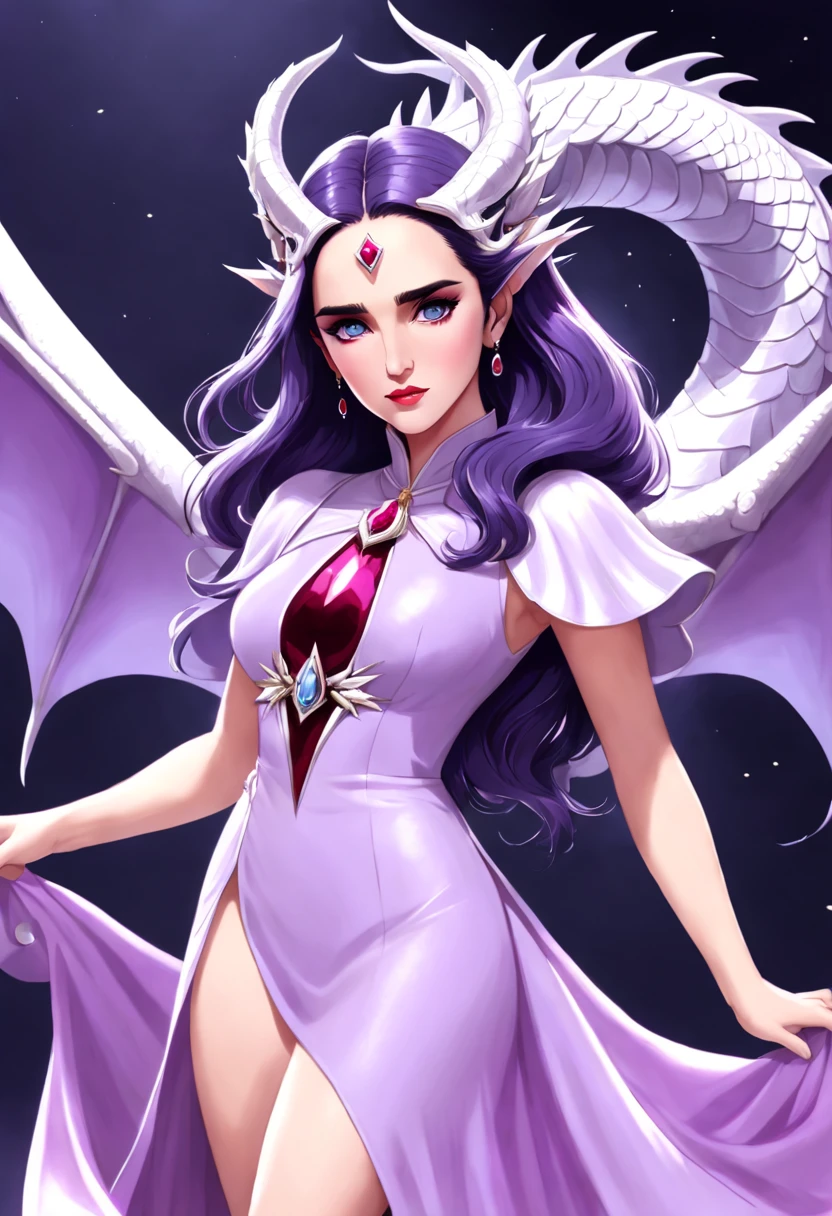 Queen of the White Dragon, mulher madura jovem, "Jennifer Connelly", Orelhas longas de elfos, elegant lilac Ruby dress, mama grande, Curvy, dragon ling vawy hair, Cabelos Super Longos, soft facial features, White dragon horns on his head, Mulher majestosa, silver decoration on her ruby lilac dress, Rainha Estrela Prateada, Grandes olhos azuis, cherry lips, White dragons, starly sky