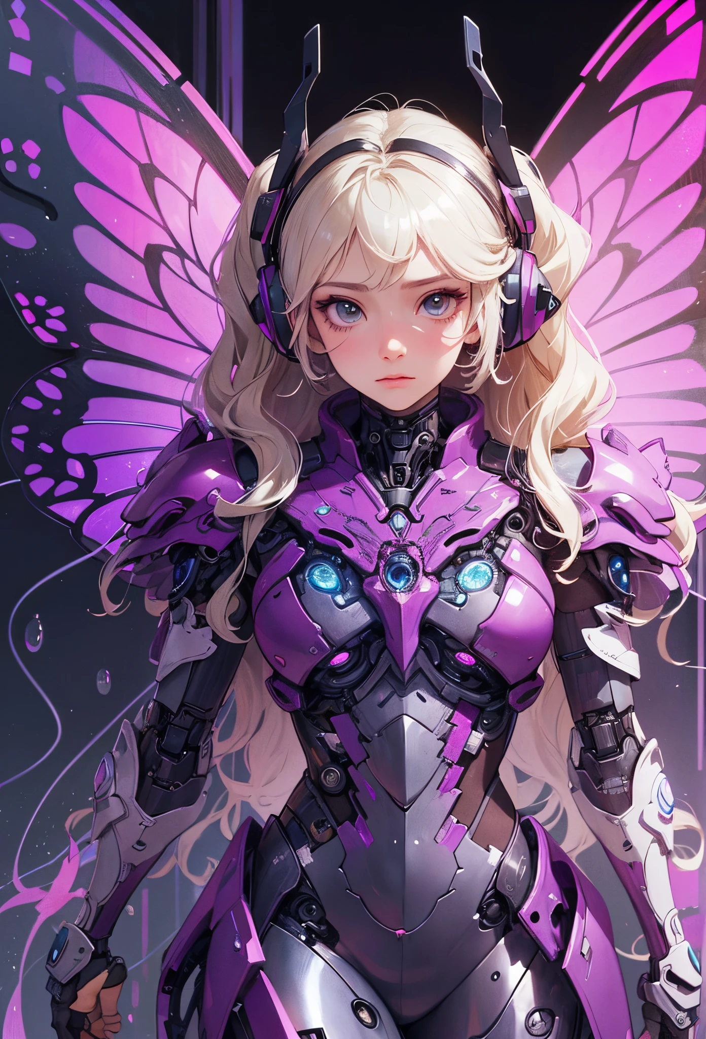 (Detailed illustrations,Very detailed and detailed drawing,Delicate lines with slow and rapid,Realistic texture expression),[Color tressed main line],[labo],[[HENTAI]] ANIME (CYBERGirl anime Beauty 13 years old Cyborg [Wavy Hair (platinum-blonde)]),([Butterfly wings] Magenta-pink Papillon cybernean armor [Aurora Armor] Fuselage only transparent material) Cyber Headset,(cybernetic),(Intricate and beautiful decoration [Dense detail]),(Fine and beautiful skin expression [Transparency]),[完璧な目のdetaileds (Iris beautifully drawn in every detail)[Jewel-like eyes]],[long and beautiful eyelashes],[Meticulously drawn hair [美しく艷やかな髪のdetaileds]],(完璧な手のdetaileds [Beautiful fingers without breakdowns [Beautiful nails]]),(Perfect Anatomy(Perfectly proportioned))[[Full body like]],[[Design built to the highest level]][Ideal color coordination(Accurate simulation of light-material interactions)],([Precision Detail](detaileds,high-detail)),[Visual art that conveys a sense of narrative].