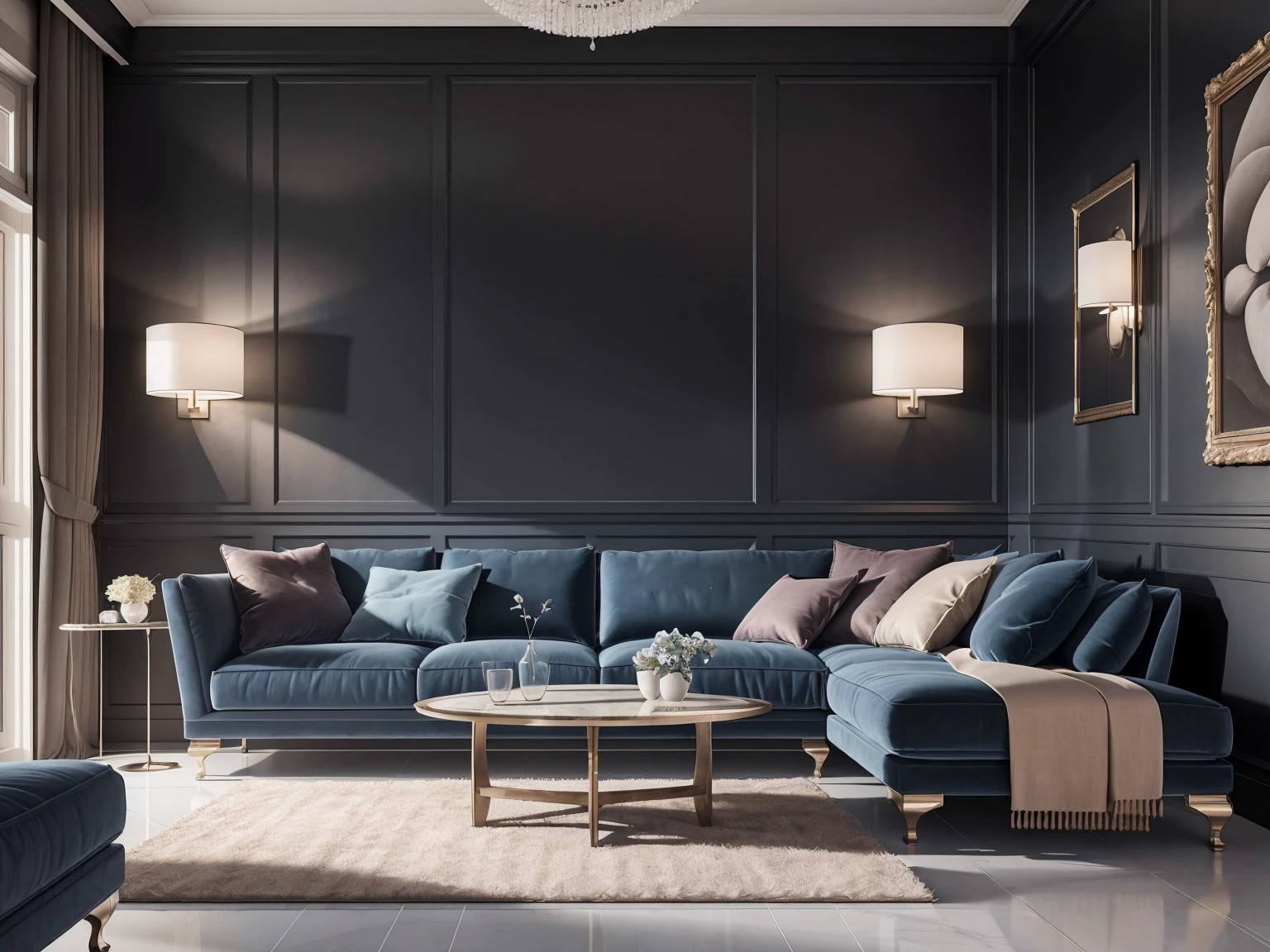((best quality)), ((masterpiece)), ((realistic)), (detailed), (photorealistic:1.5); Modern living room; Highly detailed; Higher resolution textures; wall panels; Detailed sofa; Floor lamp with perfect detailing; 3000 Kelvin Lighting, Painting on wall, highly detailed painting; masterpiece painting; wide angle fov, night time render; perfectly detailed table lamp; perfectly detailed Modern side table; highly detailed sofa fabric; perfect detailing on sofa; Perfect stitching, Perfectly detailed modern chandelier; detailed cushions; detailed stitching on sofa; Highly detailed furniture ;4K render